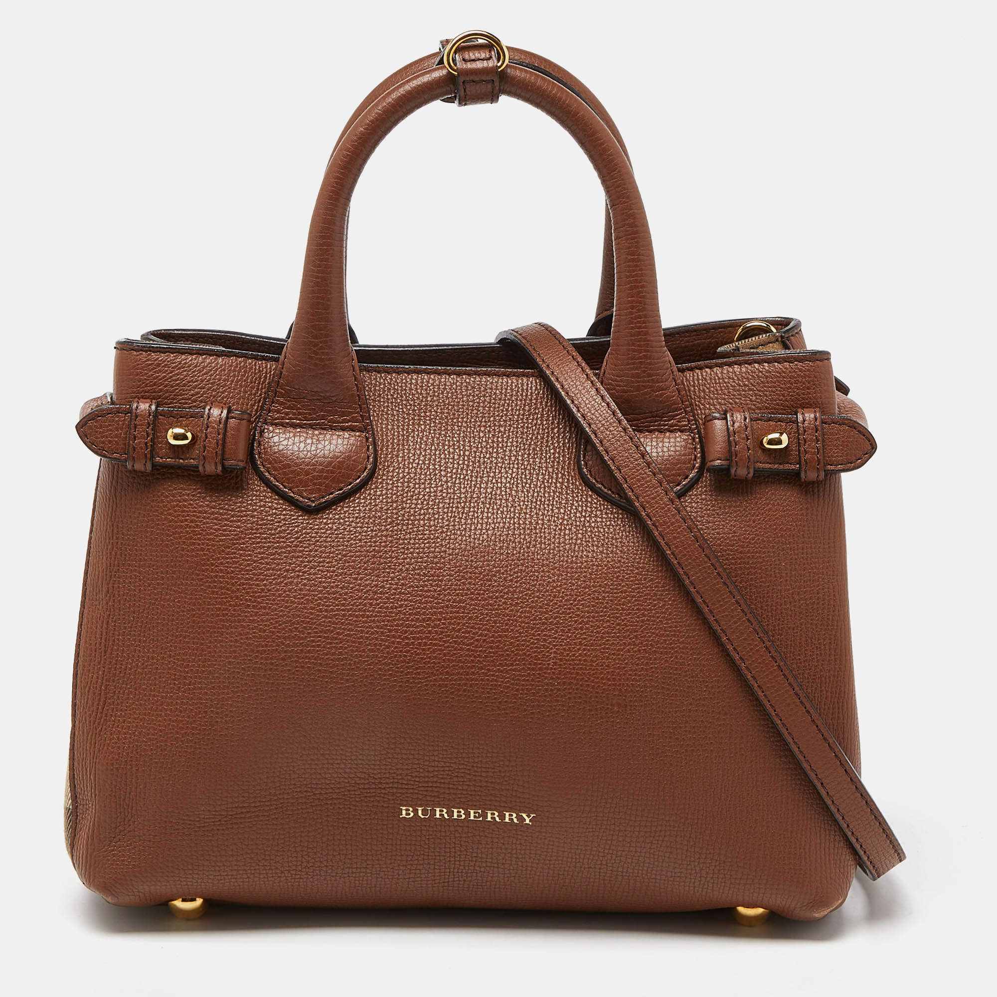 مملوكة مسبقًا Burberry Brown/Beige Leather and House Check Fabric Small Banner Tote