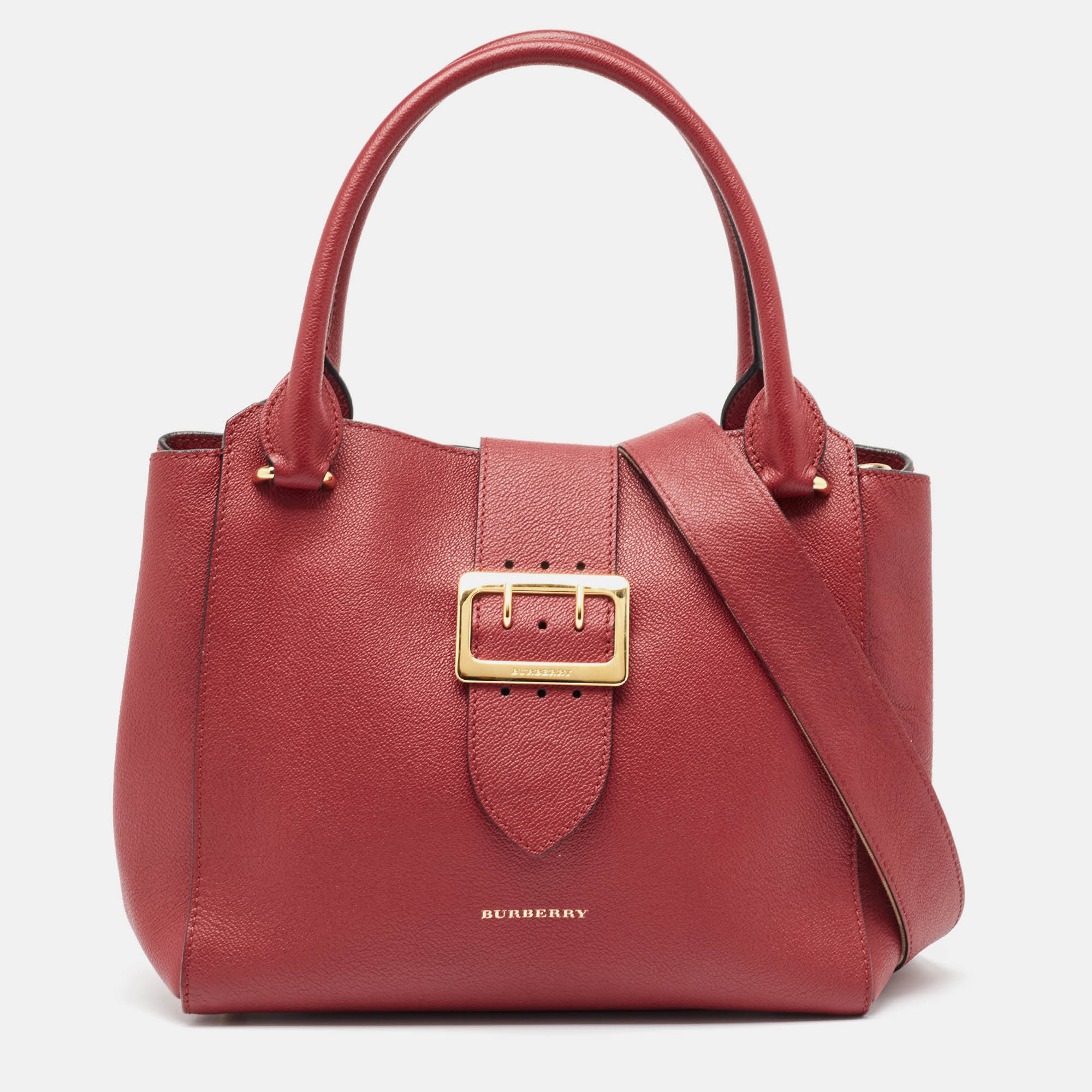 Pre Owned Burberry Red Leather Buckle Tote