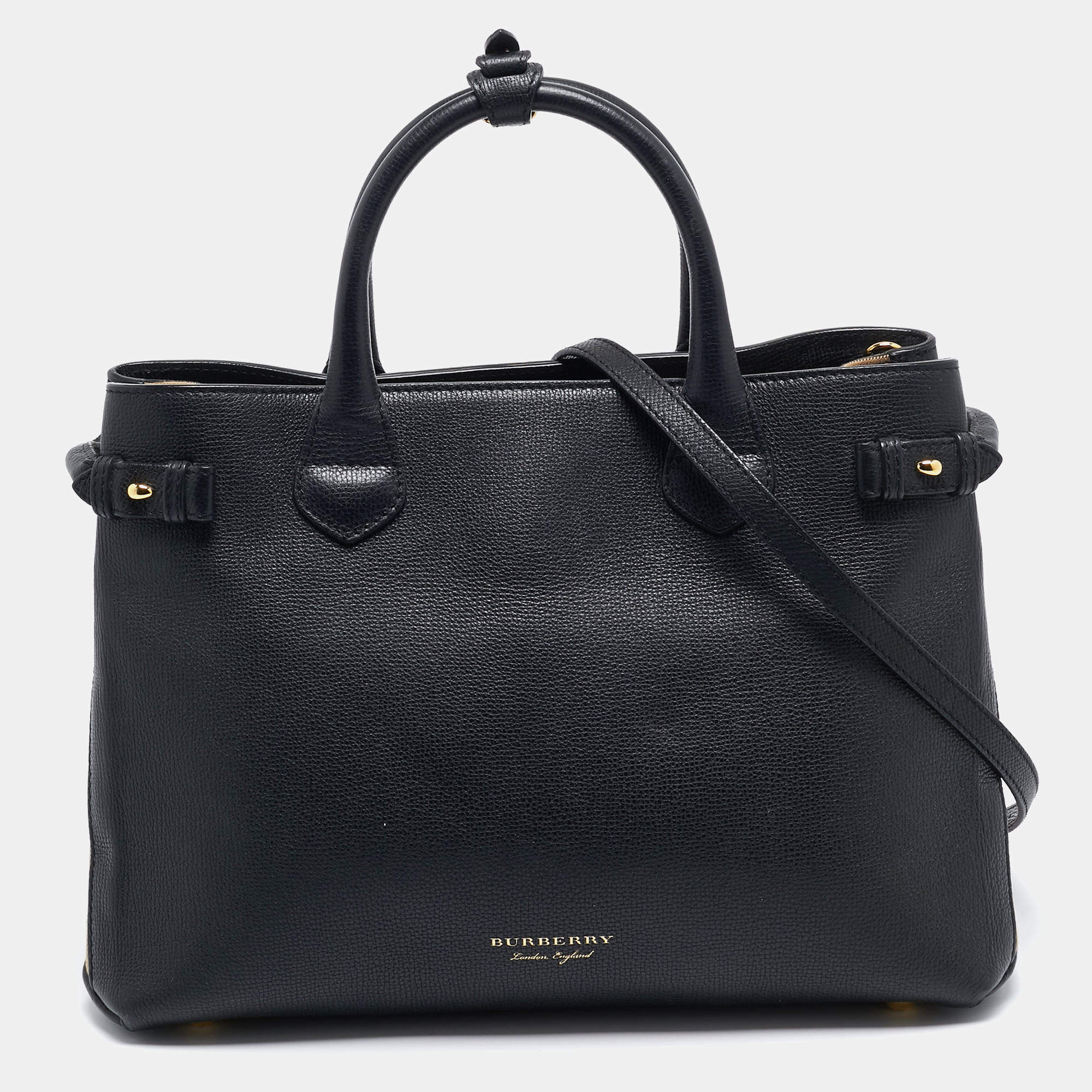 Pre Owned Burberry Black/Beige Leather and House Check Fabric Medium Banner Tote