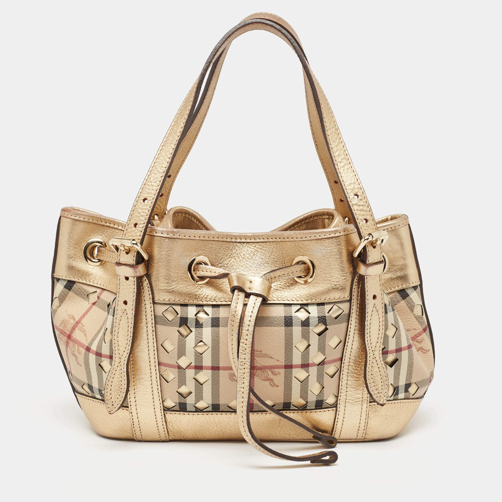 Pre Owned Burberry Gold/Beige Haymarket Check Laser Cut Coated Canvas and Leather Drawstring Tote