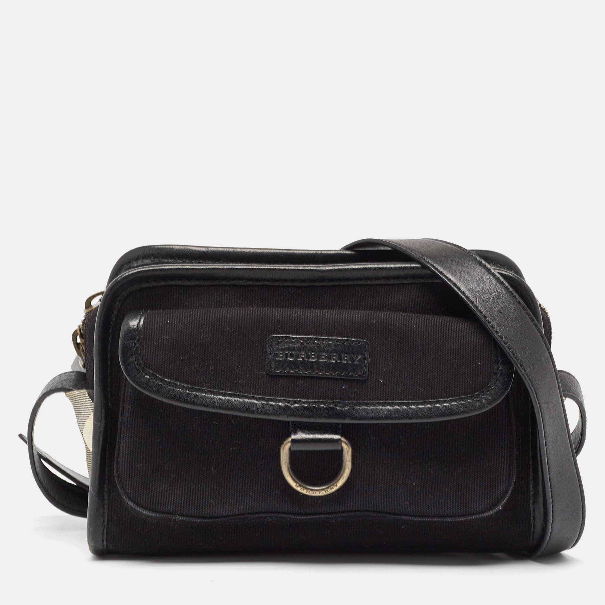 Pre Owned Burberry Black Leather and Check Canvas Front Pocket Crossbody Bag