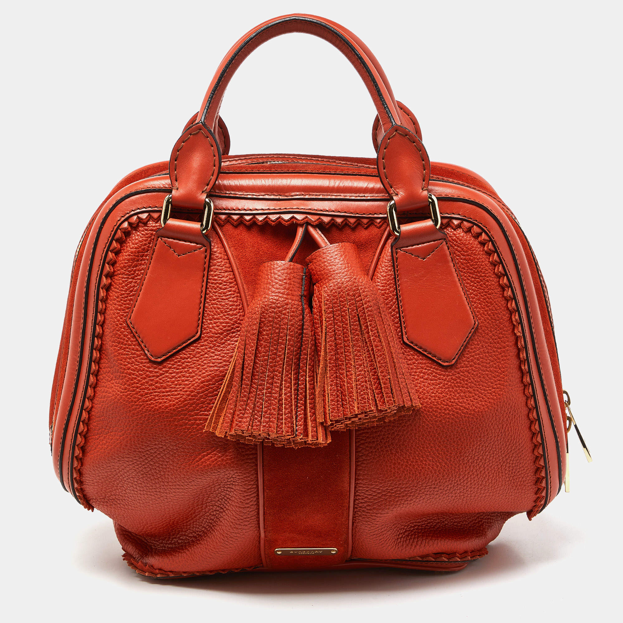 Pre Owned Burberry Orange Leather and Suede Tassel Satchel