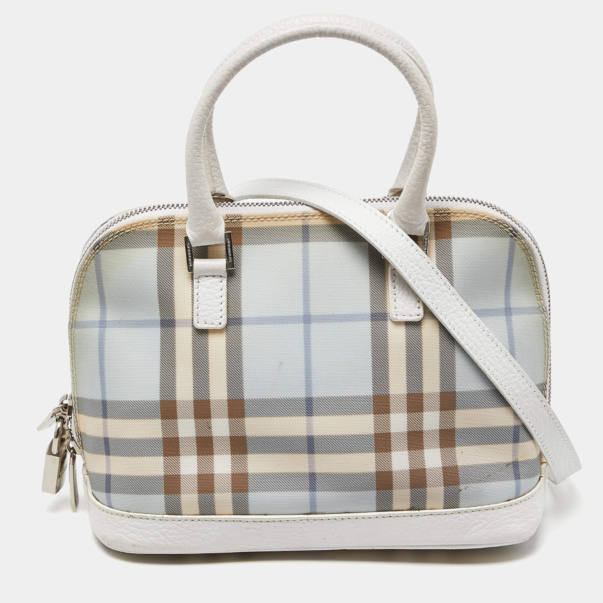 Pre Owned Burberry Blue/White House Check PVC and Leather Dome Satchel