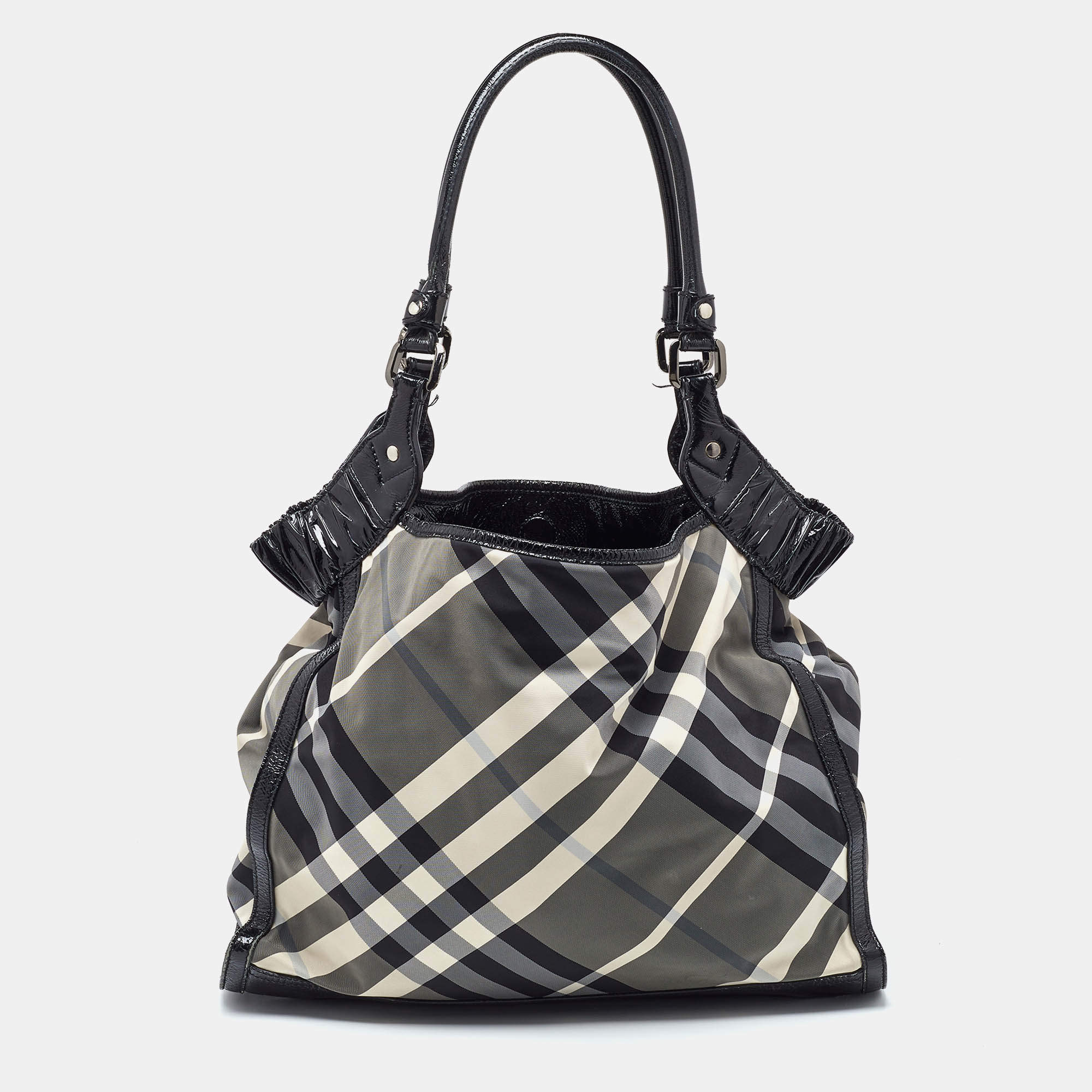 Pre Owned Burberry Black Beat Check Nylon and Patent Leather Tote