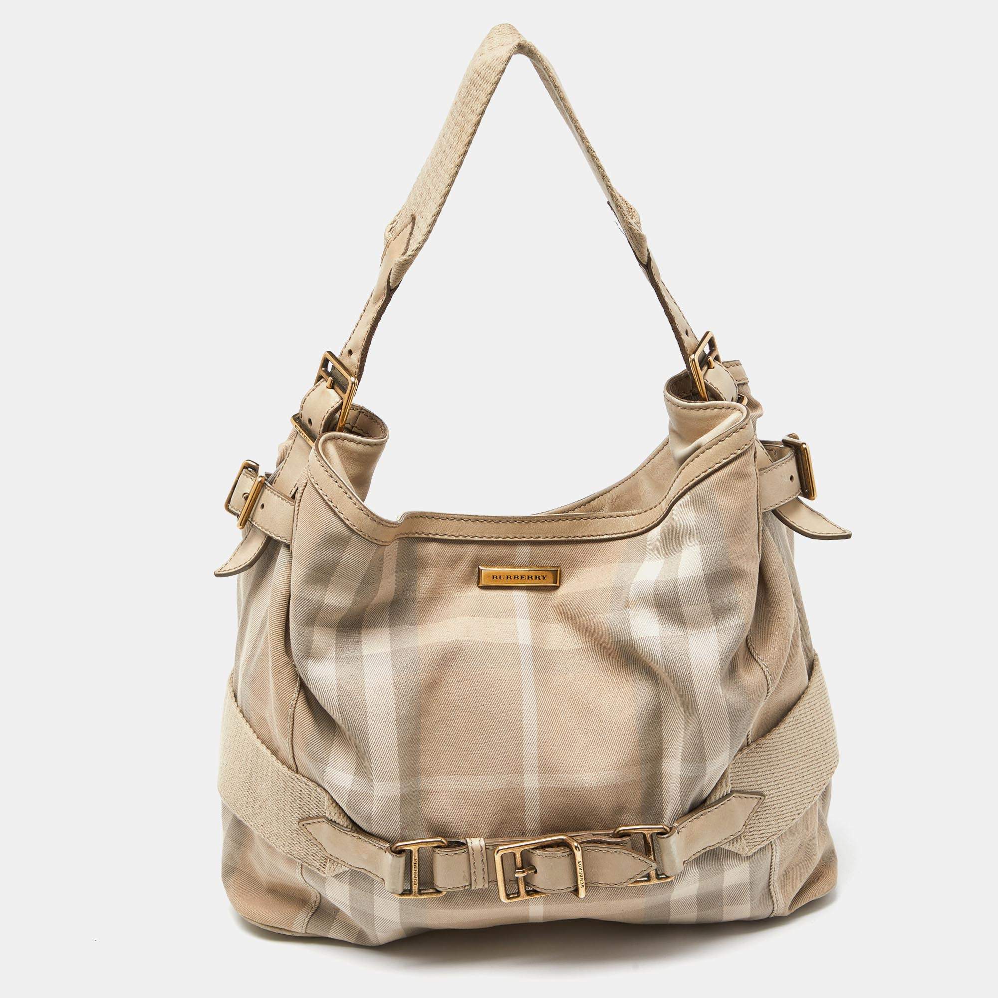 Pre Owned Burberry Beige House Check Canvas and Leather Large Parsons Bag