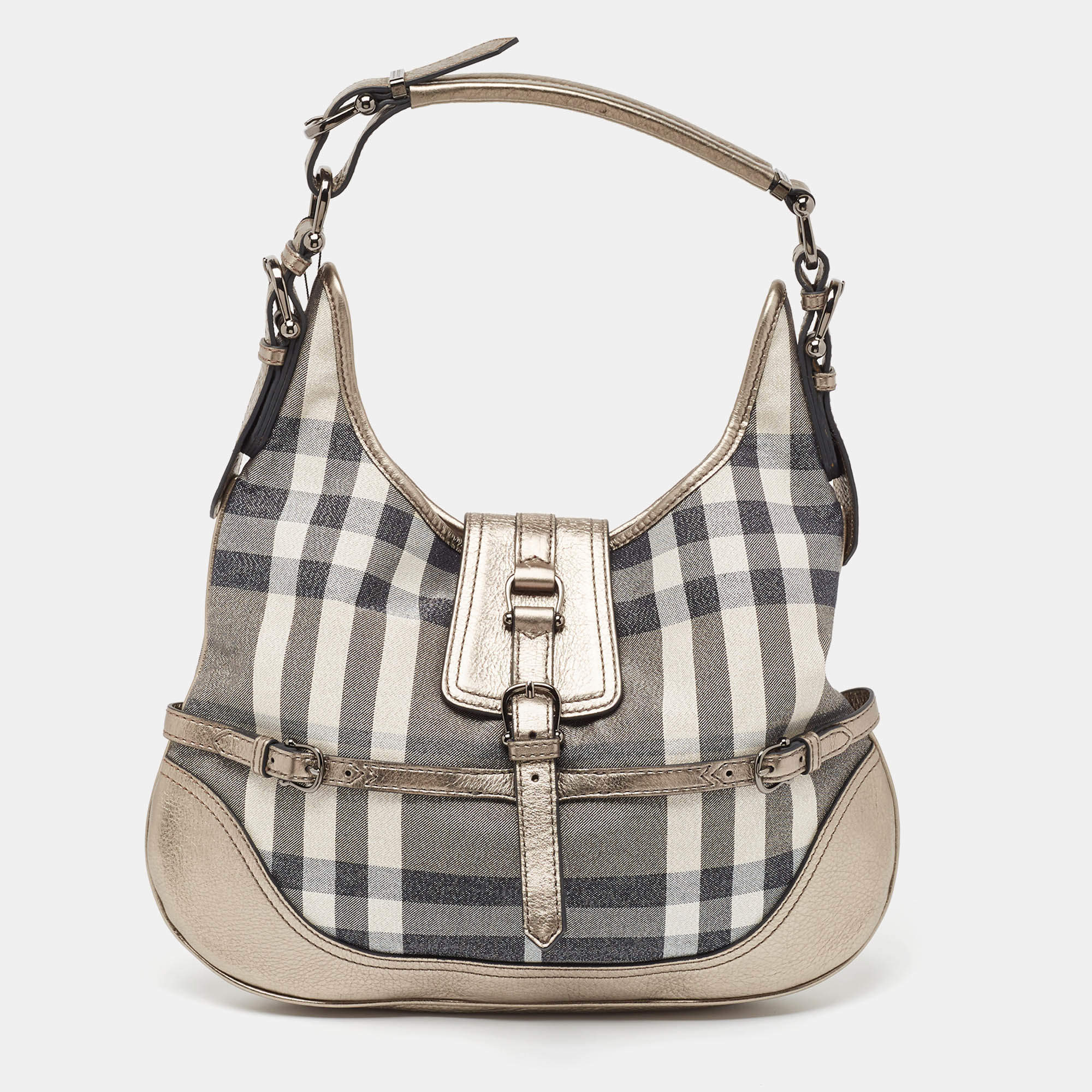 Pre Owned Burberry Grey Smoke Check Shimmer Fabric and Leather Brooke Hobo