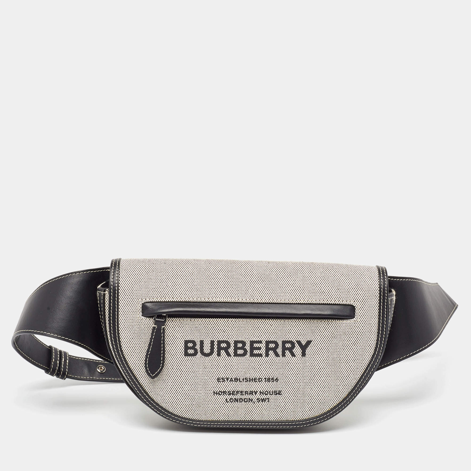 Pre Owned Burberry Black/White Canvas and Leather Small Olympia Bumbag