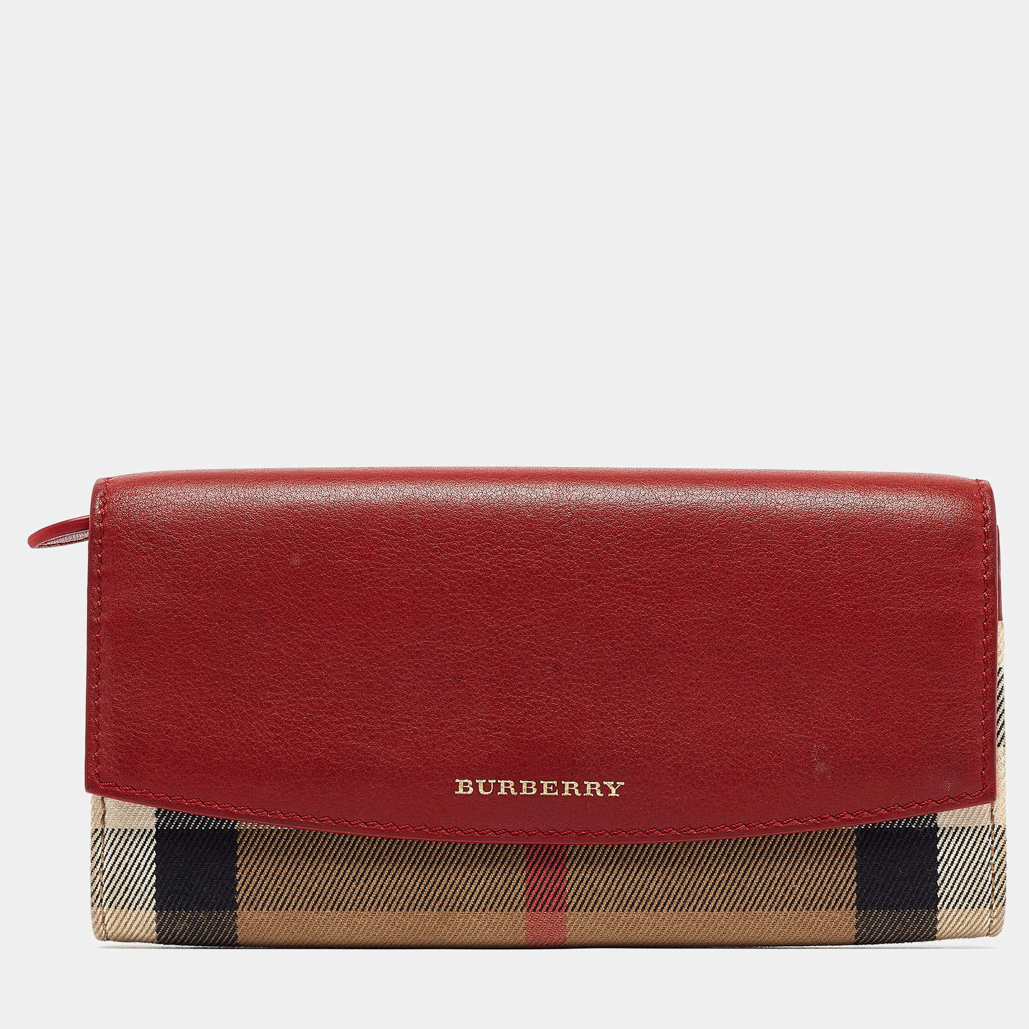 مملوكة مسبقًا Burberry Red/Beige House Check Fabric and Leather Flap Continental Wallet