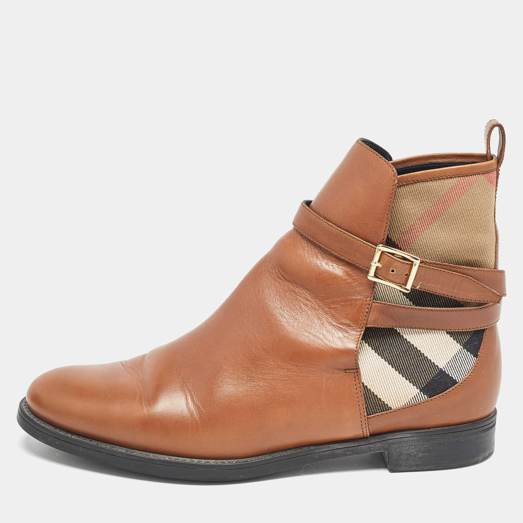 Burberry Brown Leather and Check Canvas Buckle Detail Ankle Boots Size 39