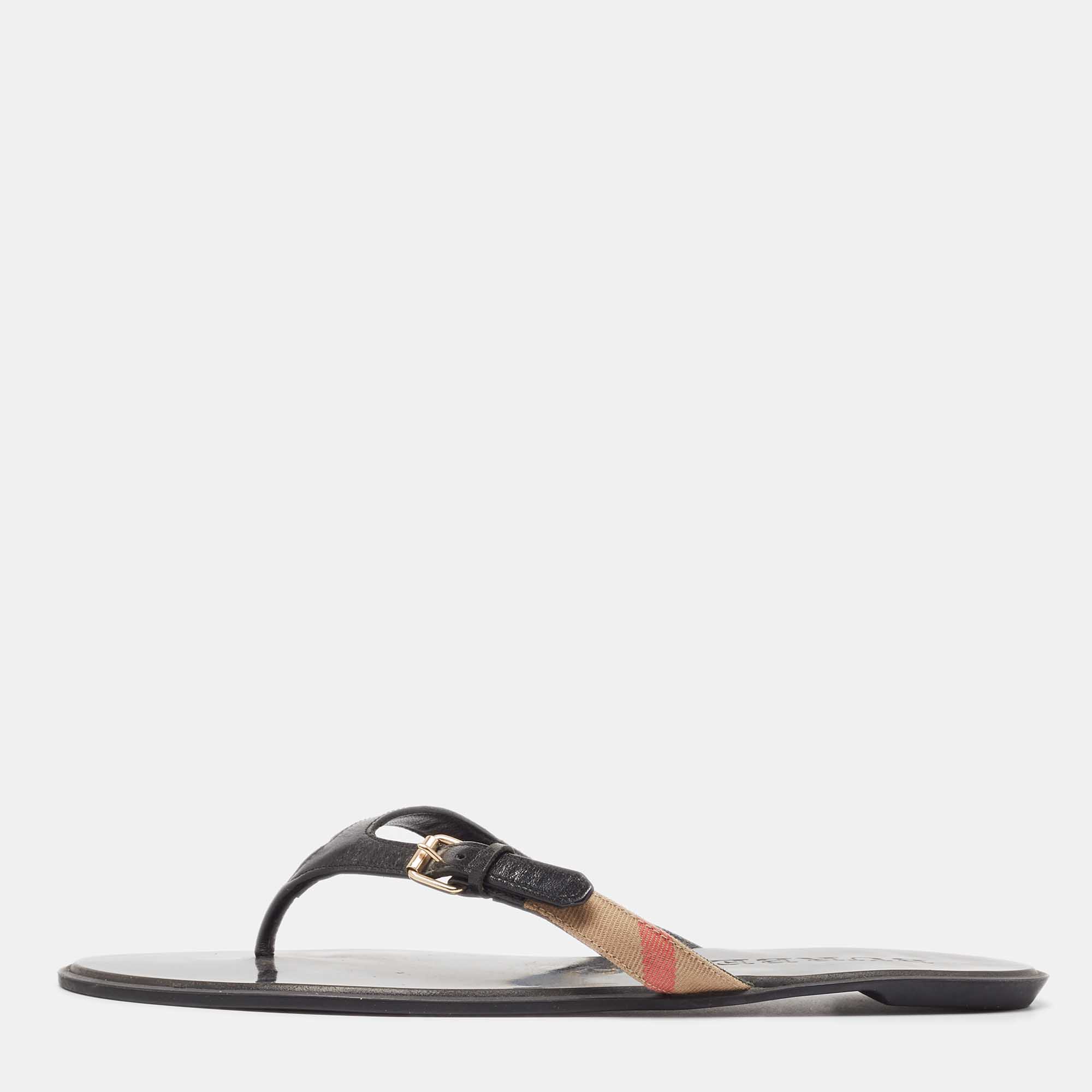 Burberry Black Leather and Canvas Masie Belted Check Thong Sandals Size 40