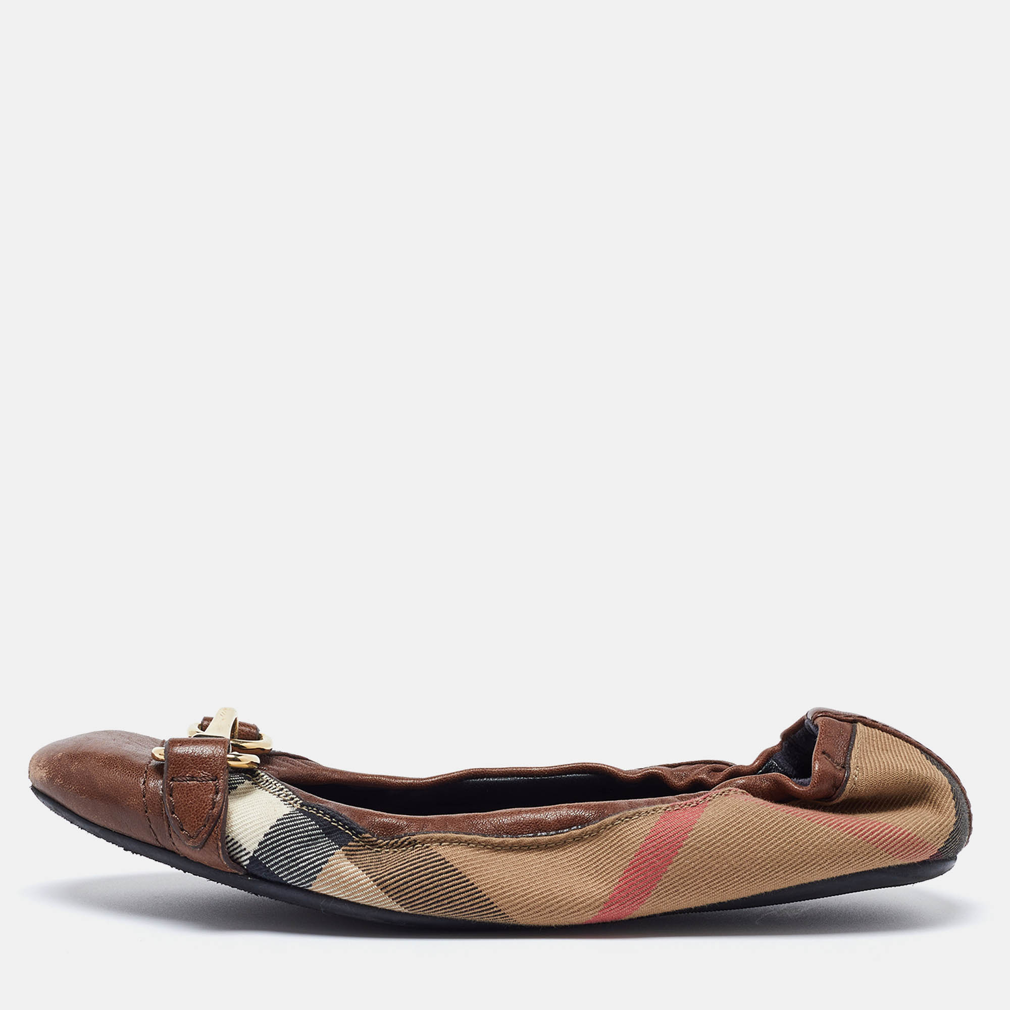 Burberry Brown Nova Check Fabric and Leather Buckle Detail Scrunch Ballet Flats Size 36.5