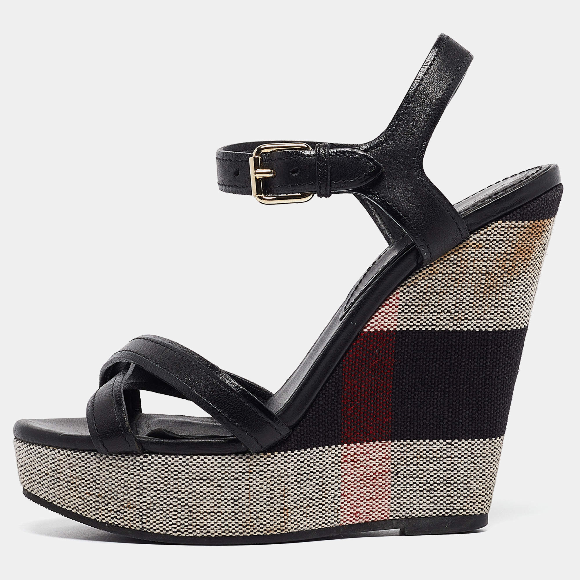 Burberry Black Canvas and Leather Walmer Wedge Sandals Size 36
