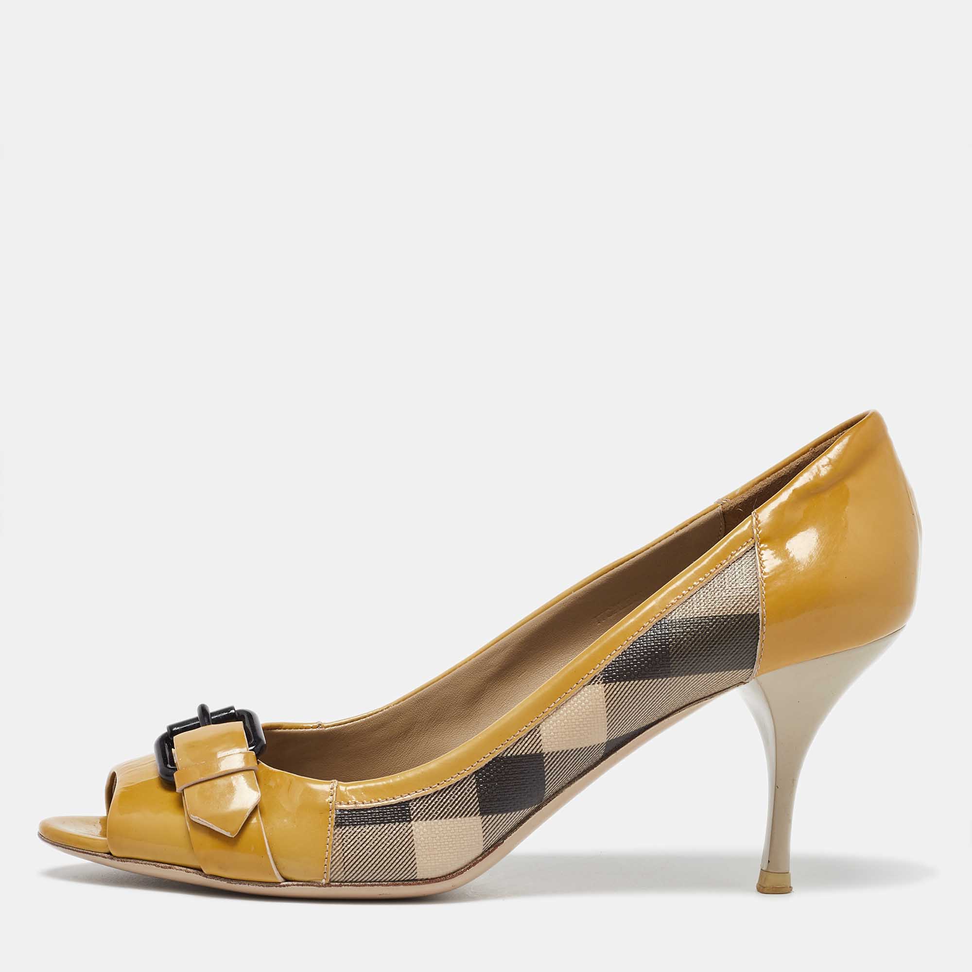 Burberry Tricolor Patent and Nova Check Canvas Peep Toe Pumps Size 40