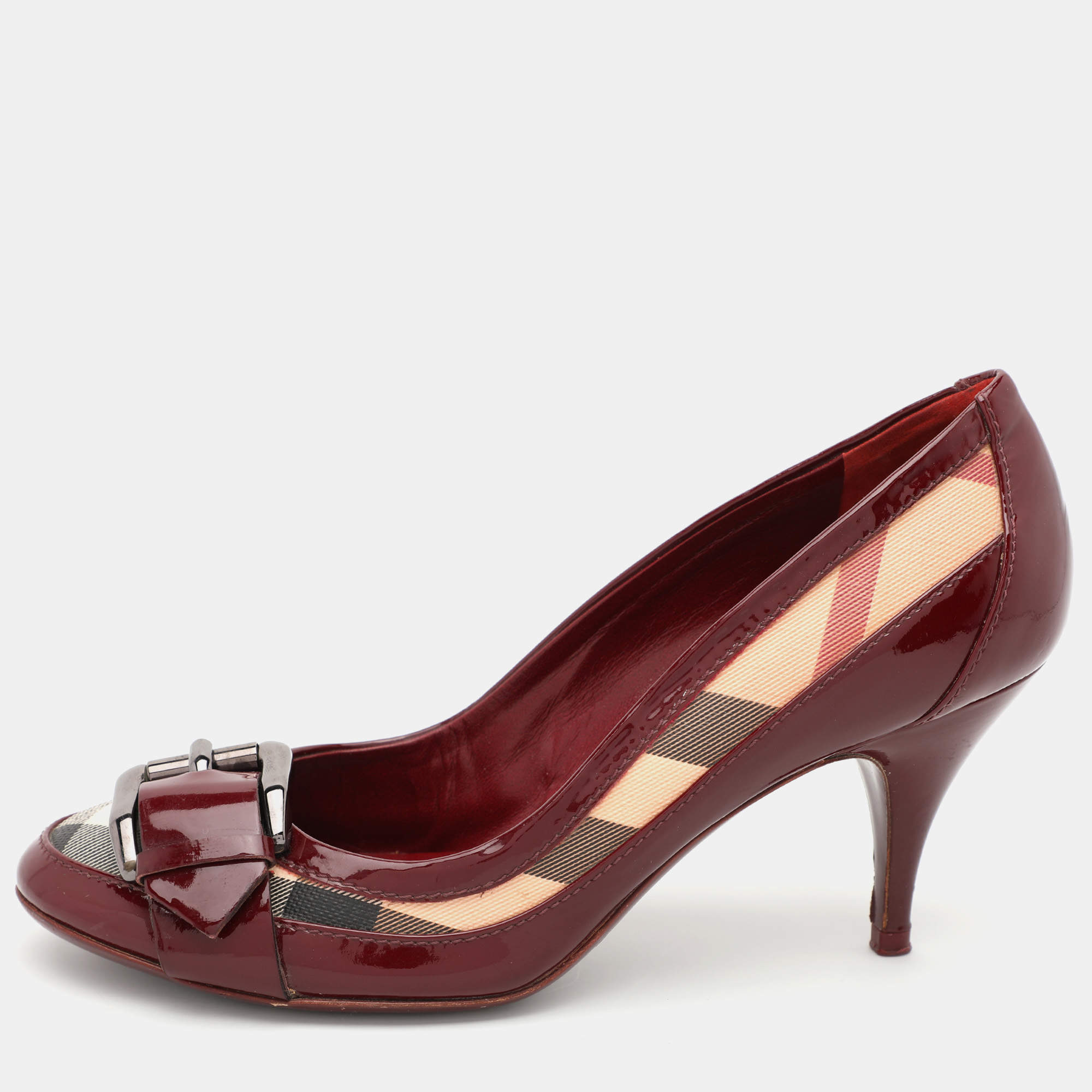 Burberry Burgundy Patent Leather and Coated Canvas Buckle Detail Pumps Size 37