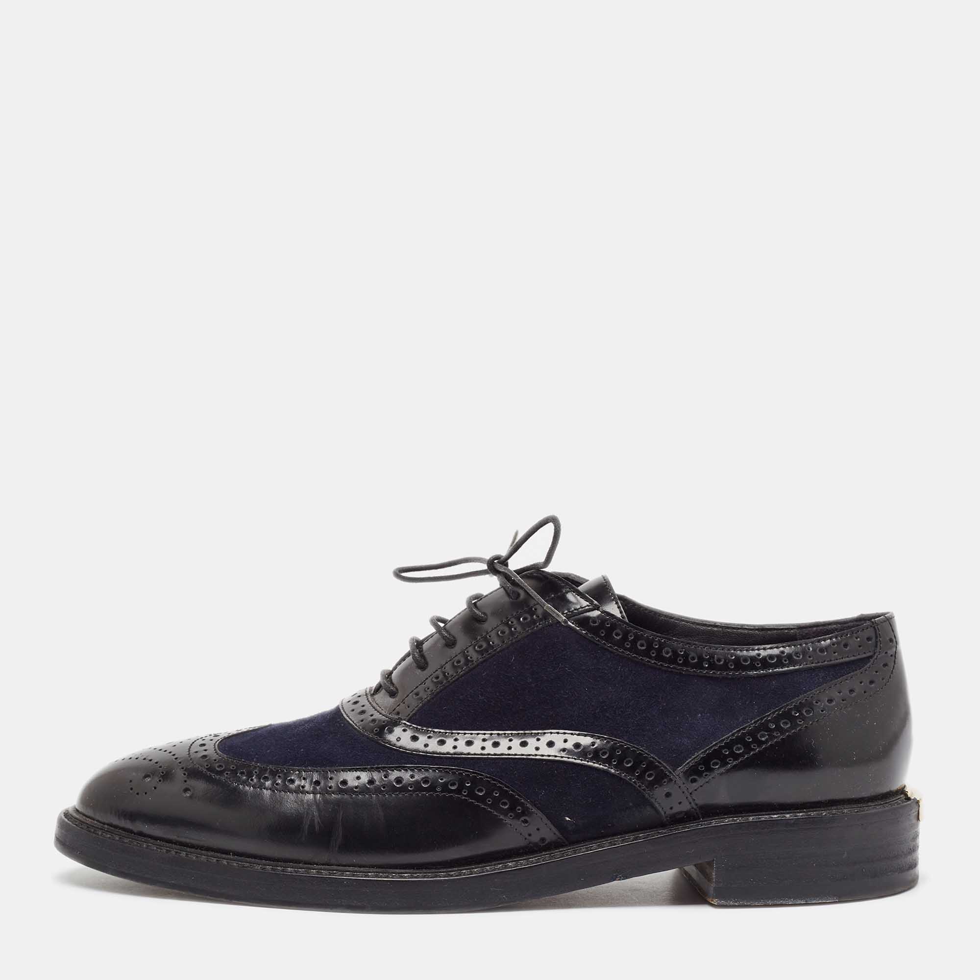 Burberry Black Navy Blue Leather and Suede Brogues Oxford Size 39