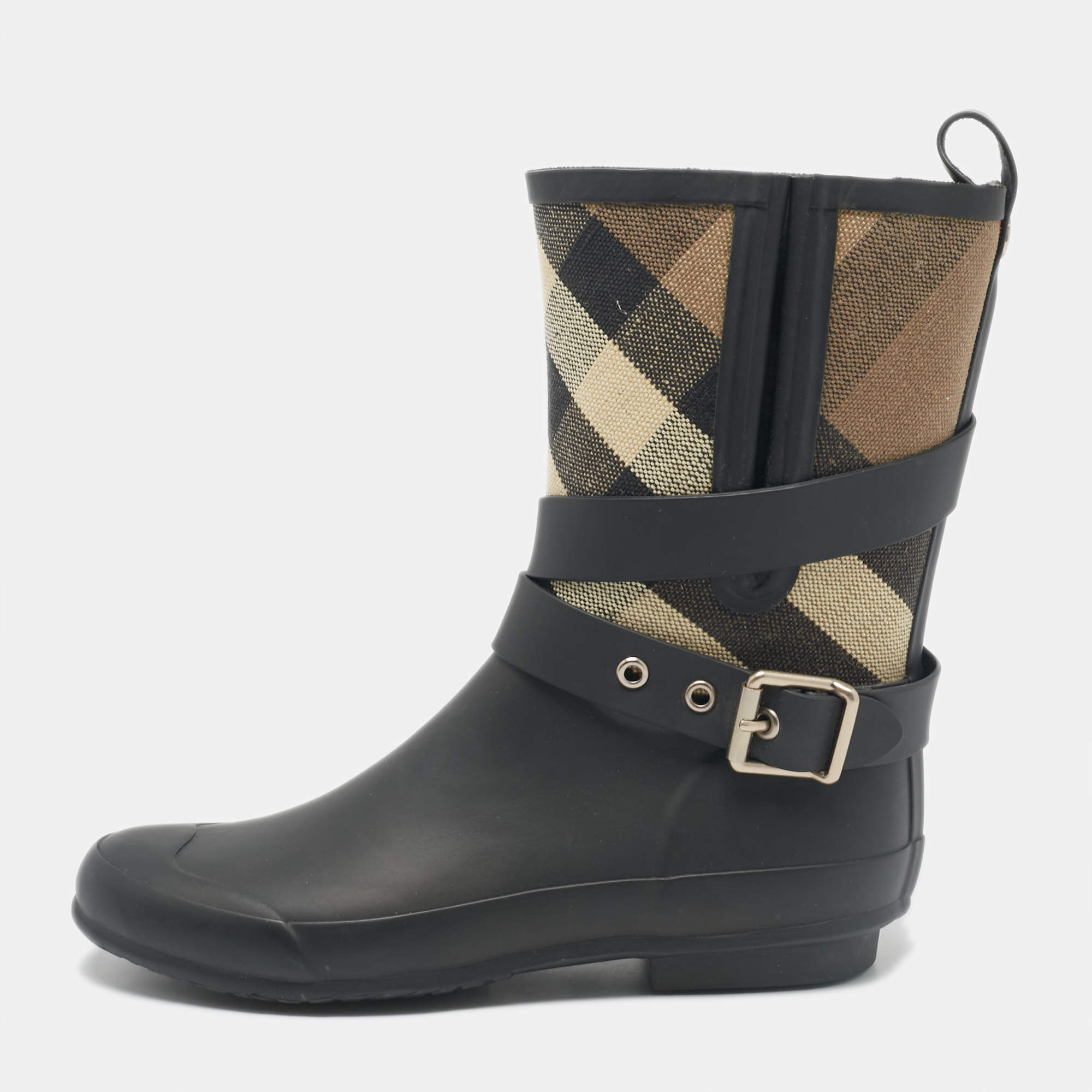 Burberry Beige/Black House Check Canvas and Rubber Rain Boots Size 37