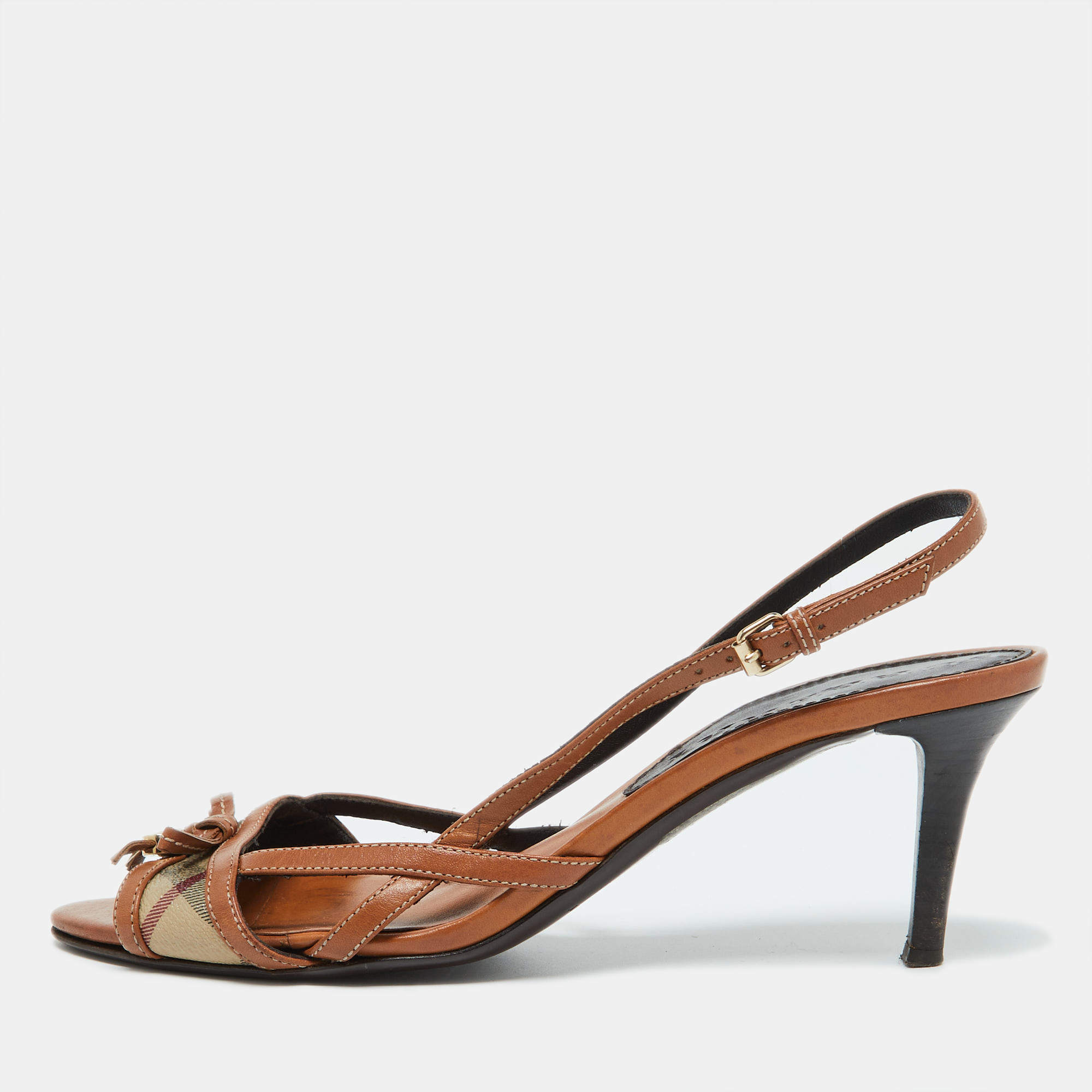 Burberry Brown Nova Check Coated Canvas and Leather Slingback Sandals Size 40