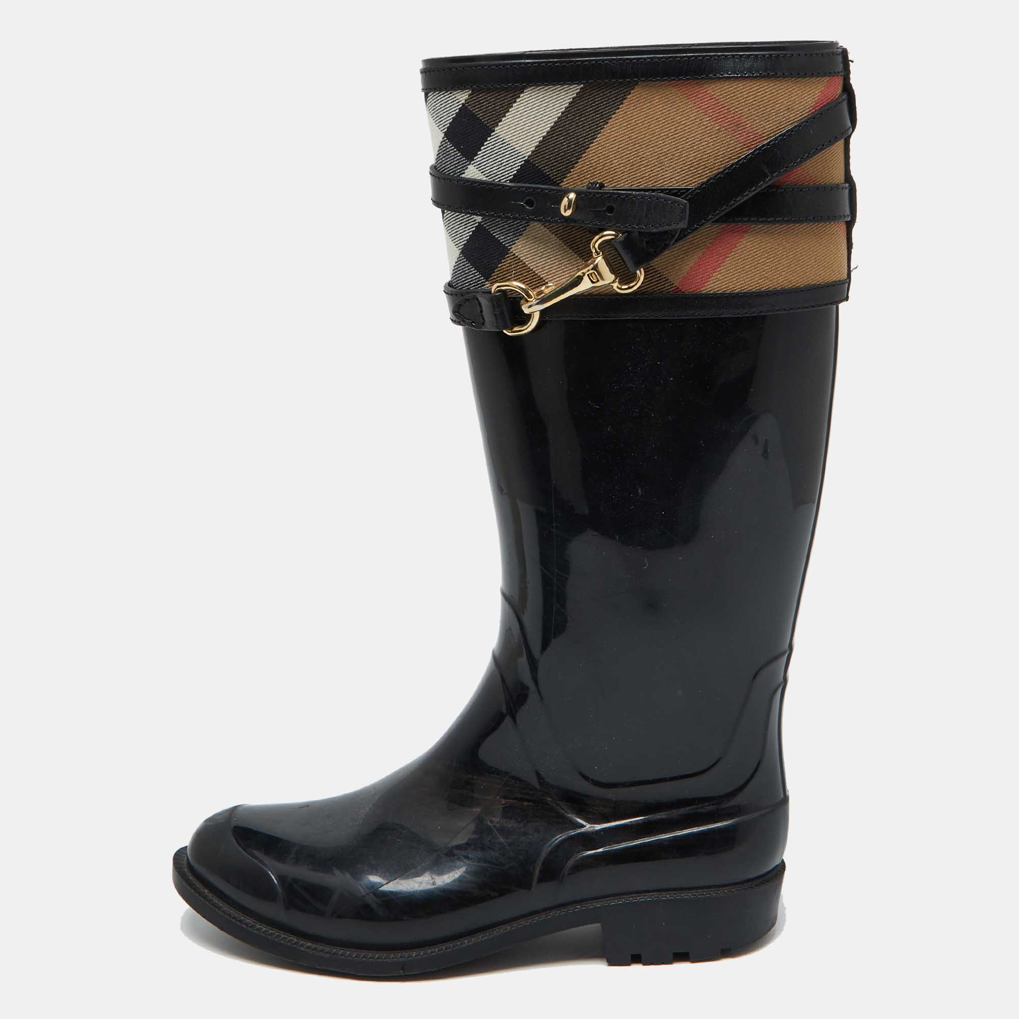 Burberry Black/Beige Rubber and House Check Canvas Rain Boots Size 38