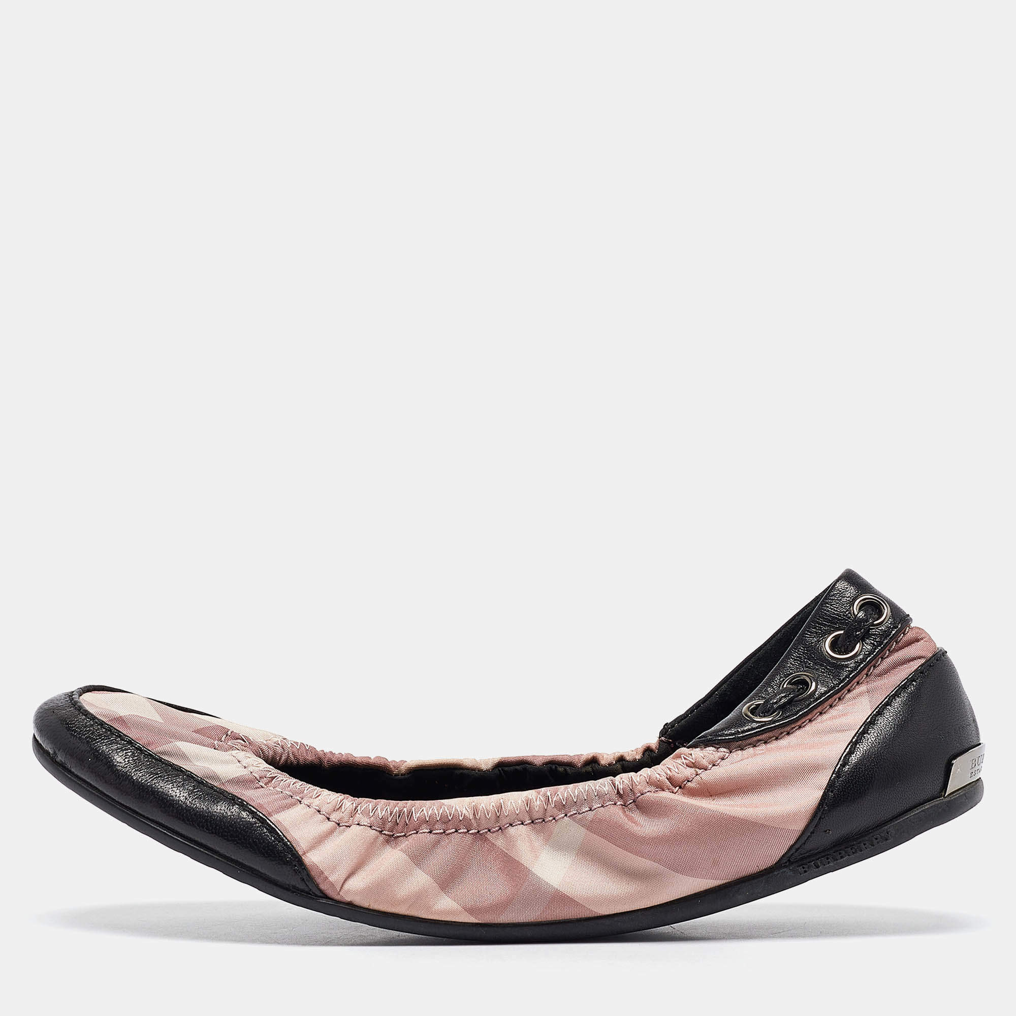 Burberry Pink/Black Check Fabric and Leather Scrunch Ballet Flats Size 36.5