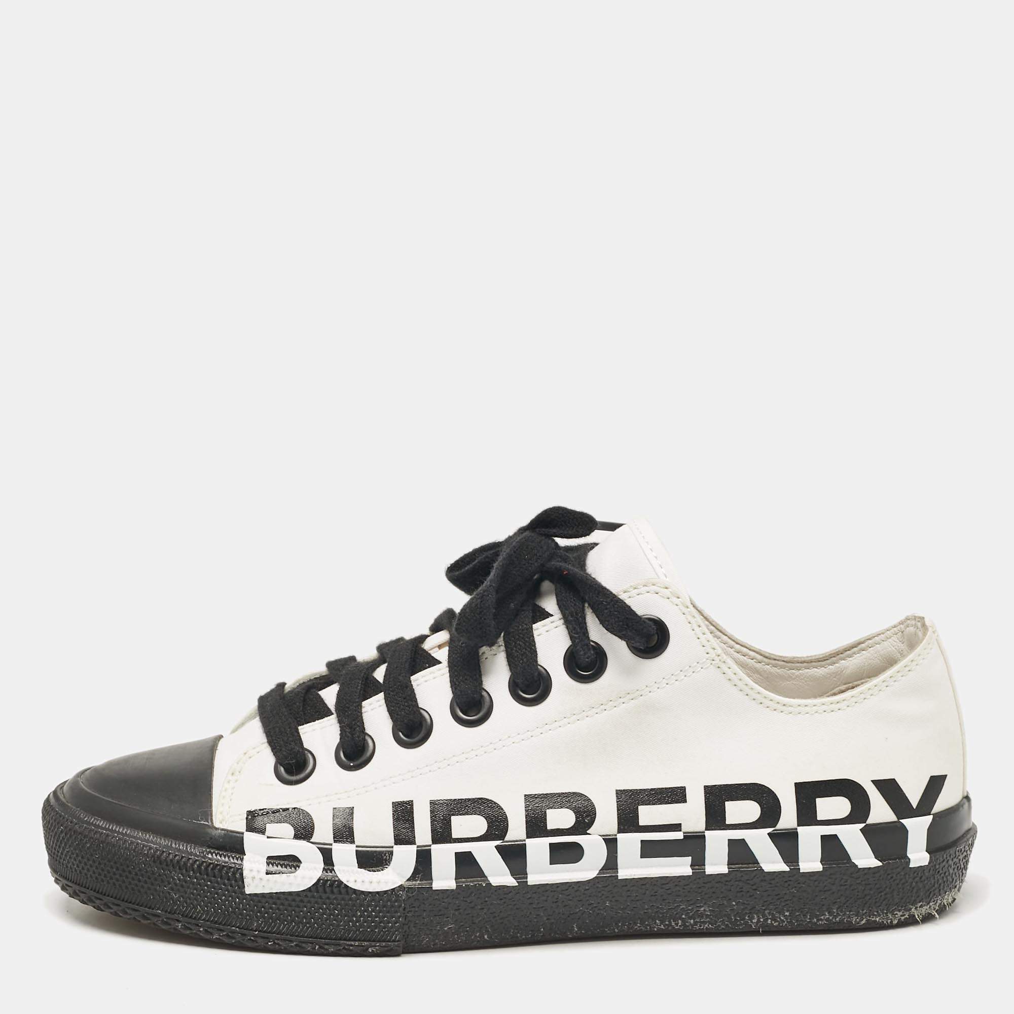 Pre Owned Burberry White/Black Fabric Larkhall Logo Low Top Sneakers Size 38