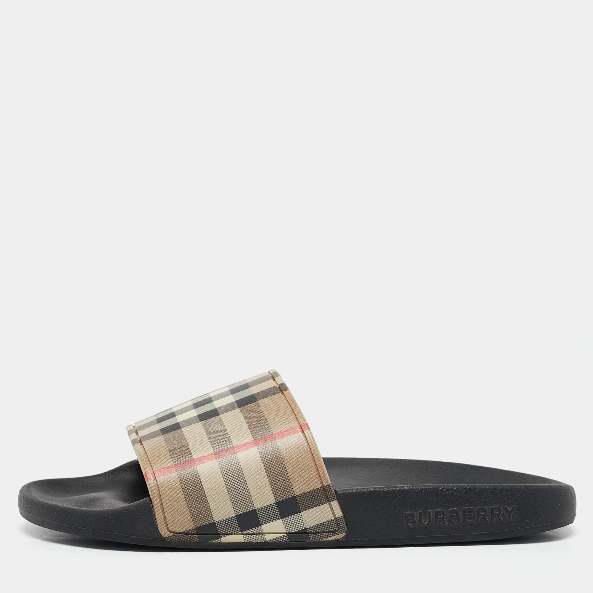 Burberry Beige/Brown Check Rubber Pool Slides Size 35