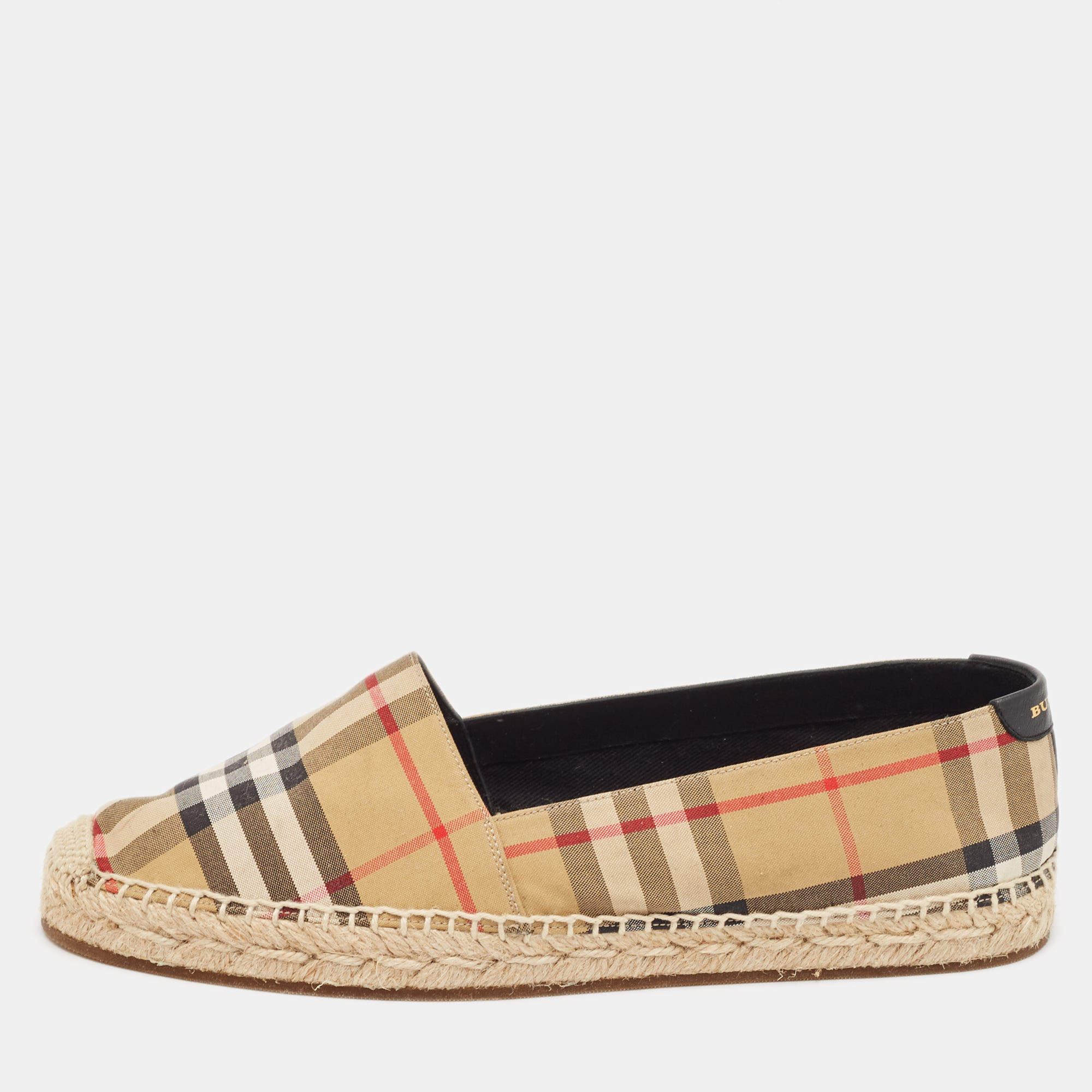 Burberry Beige/Black House Check Fabric and Leather Espadrille Flats Size 38