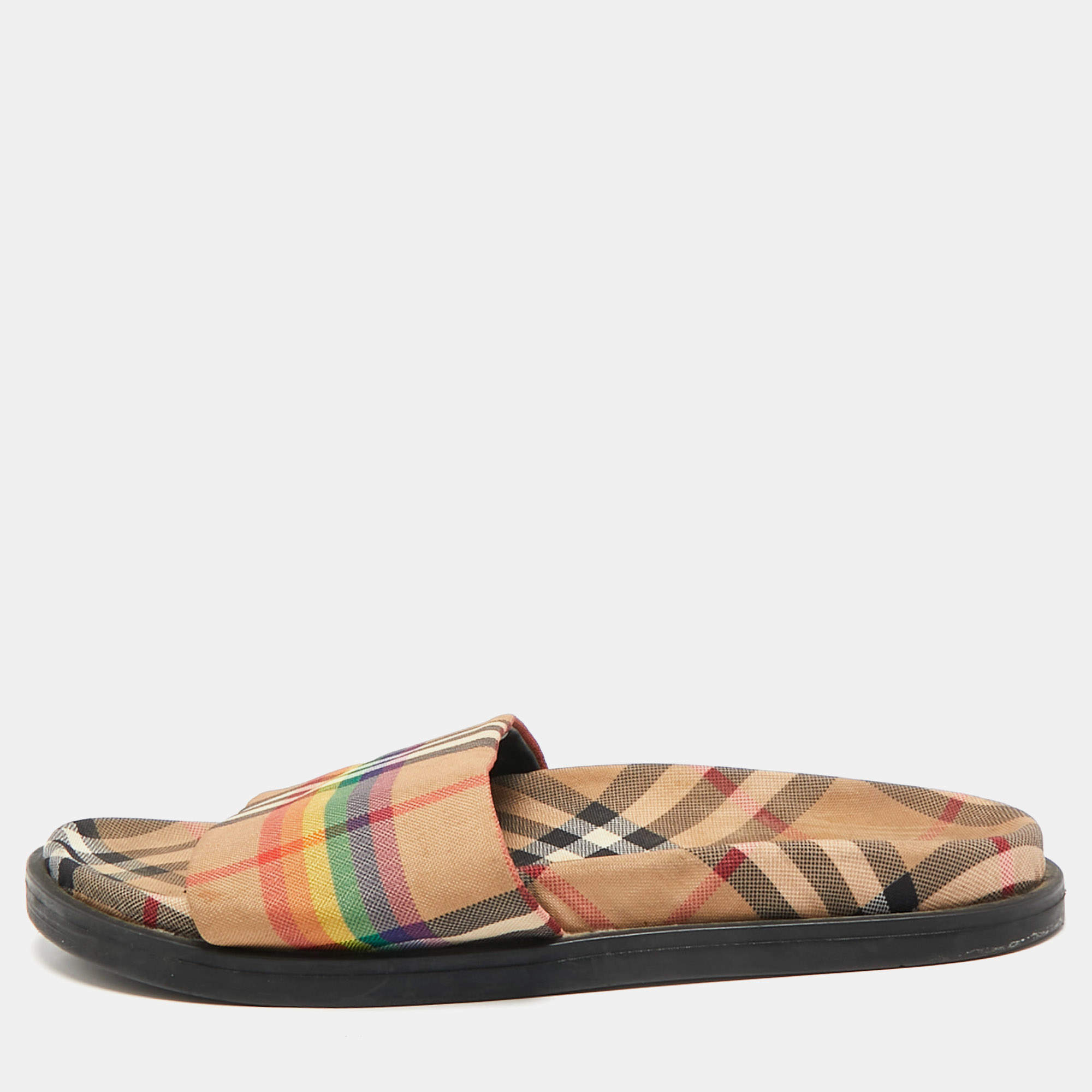 Burberry Beige Vintage Rainbow Check Canvas Ashmore Flat Slide Sandals Size 38