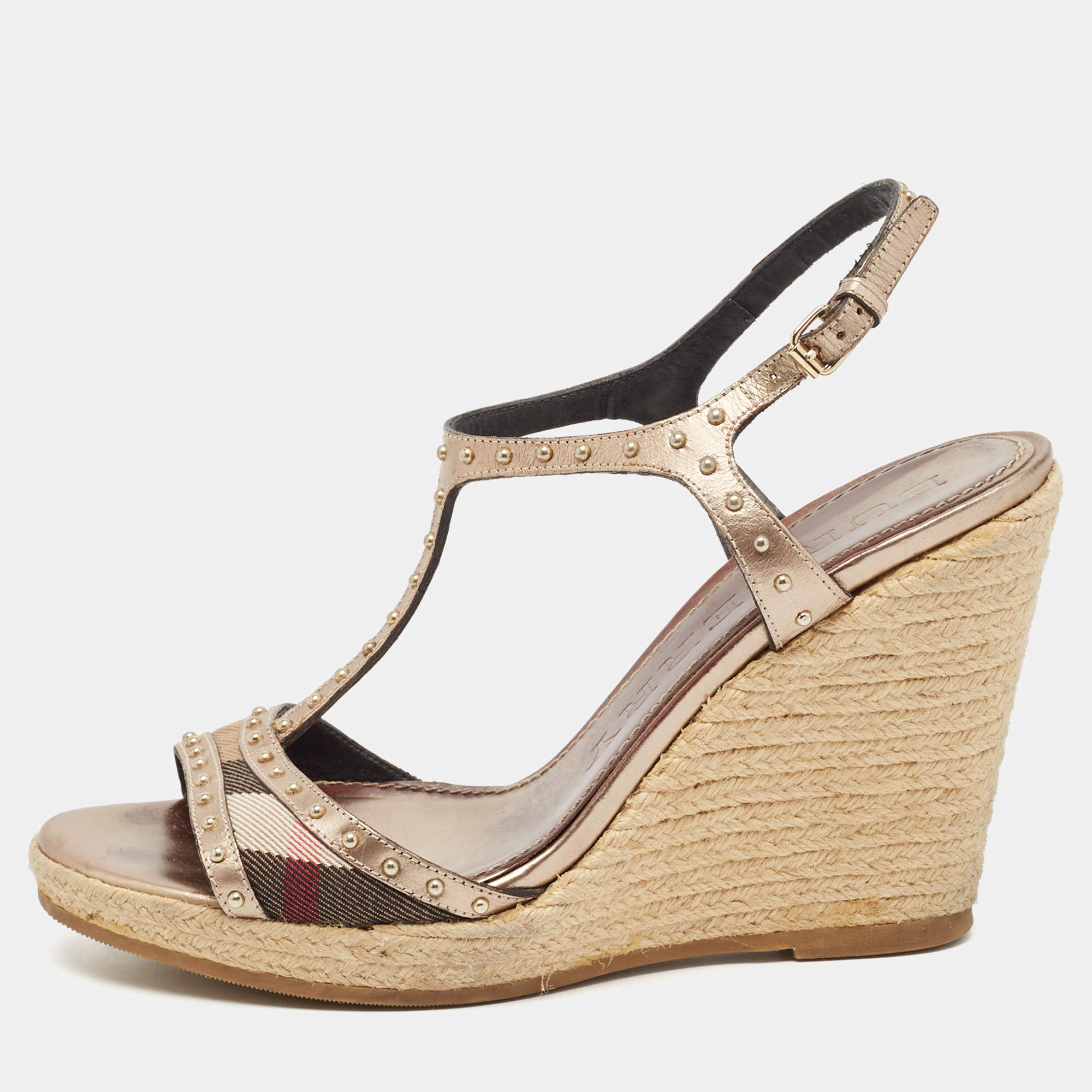 Pre Owned Burberry Beige/Brown Canvas and Leather Ankle Strap Espadrille Wedge Sandals Size 38.5