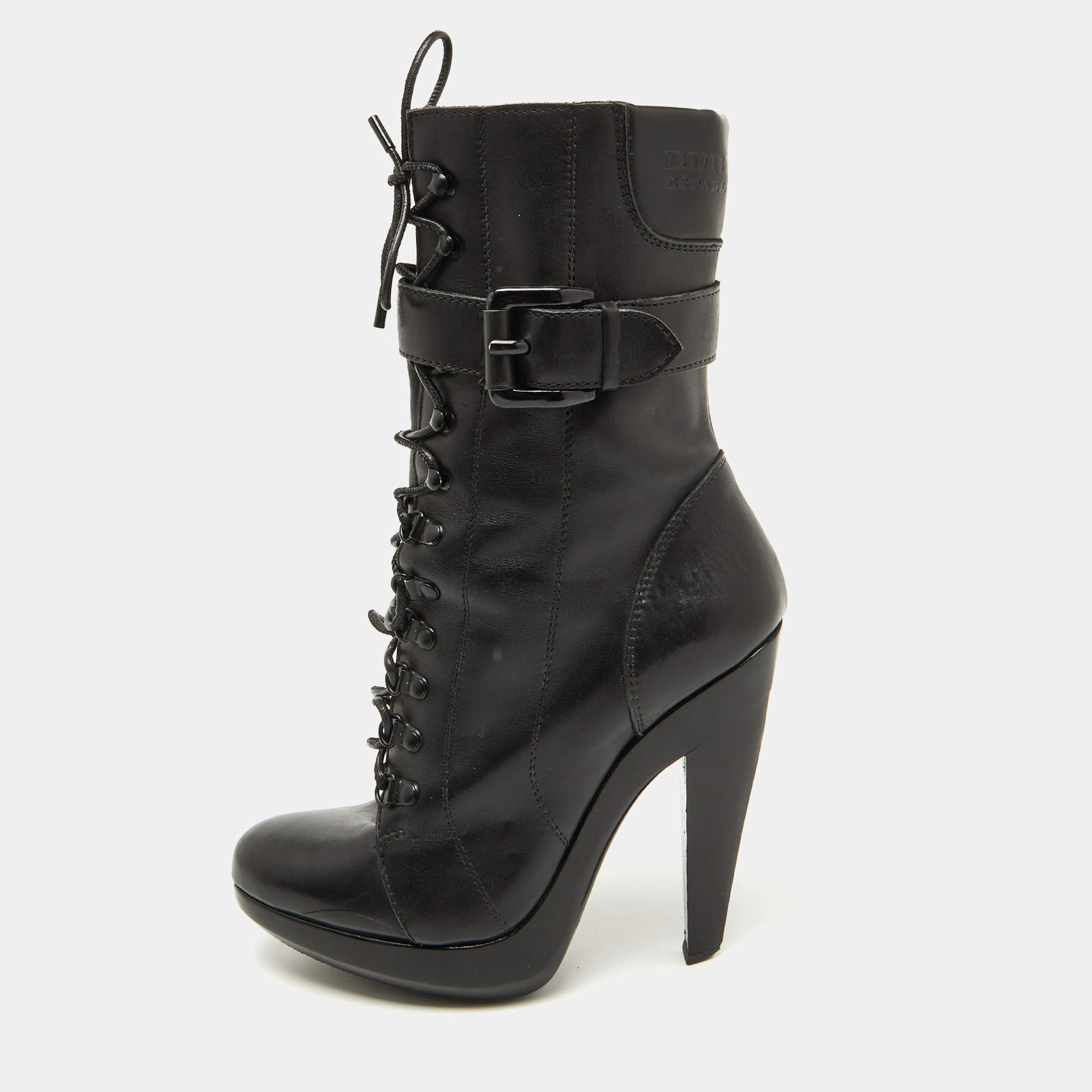 Burberry Black Leather Buckle Detail Mid Calf Platform Boots Size 37.5