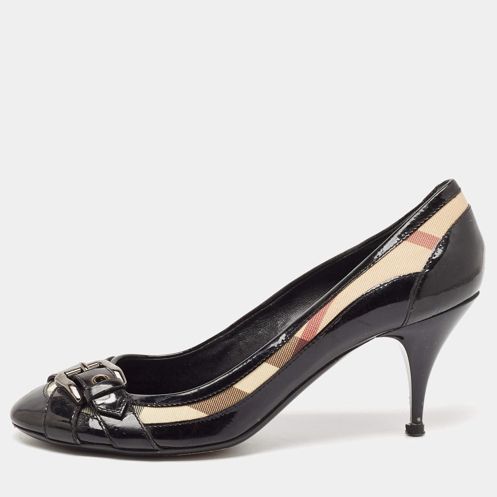 Burberry Black Canvas and Leather Pointed Toe Pumps Size 39.5
