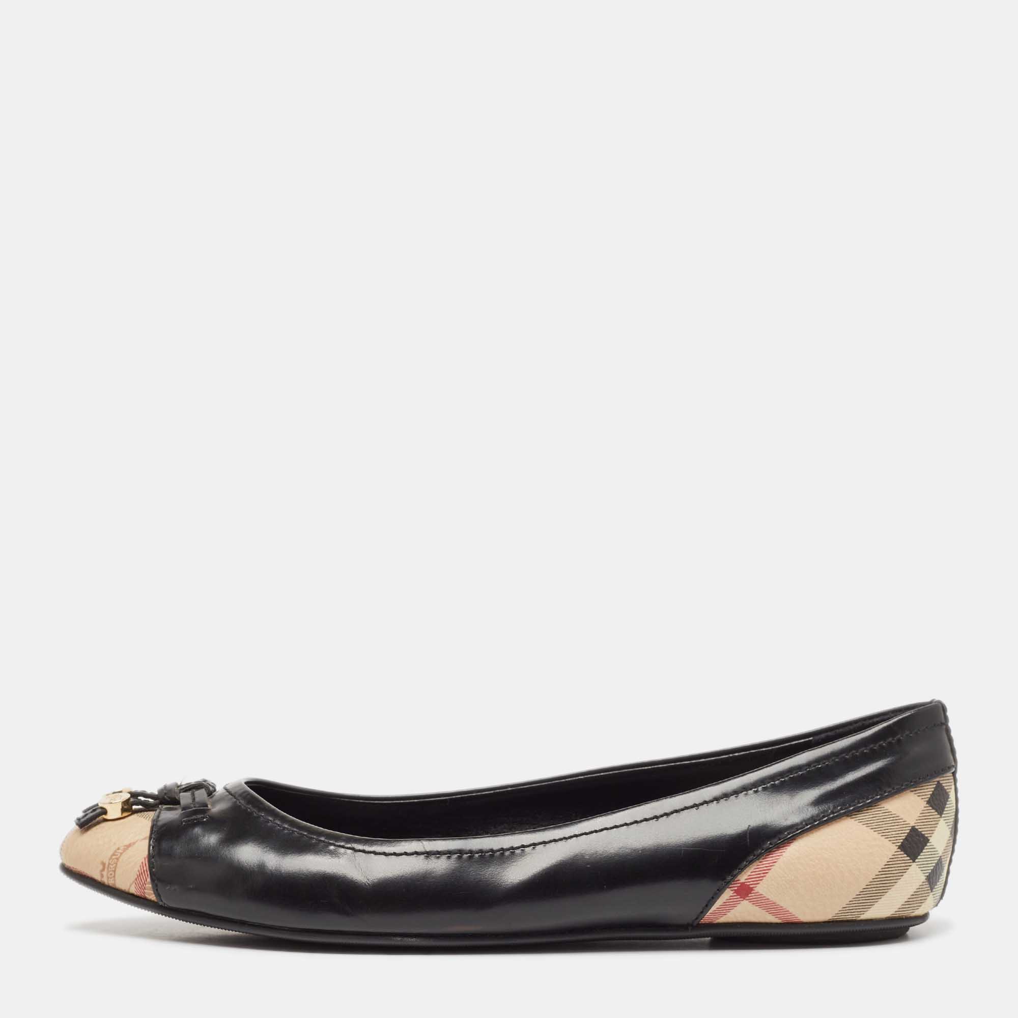 Burberry Black Patent Leather and Coated Canvas Ballet Flats Size 38