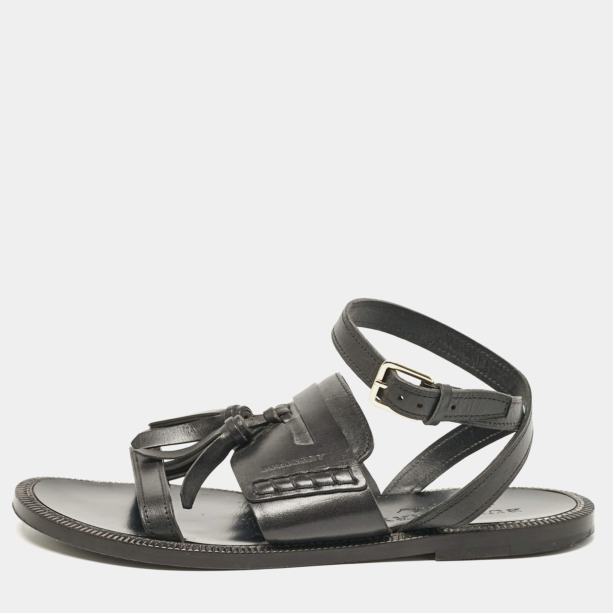 Pre Owned Burberry Black Leather Bethany Ankle Strap Flat  Sandals Size 38