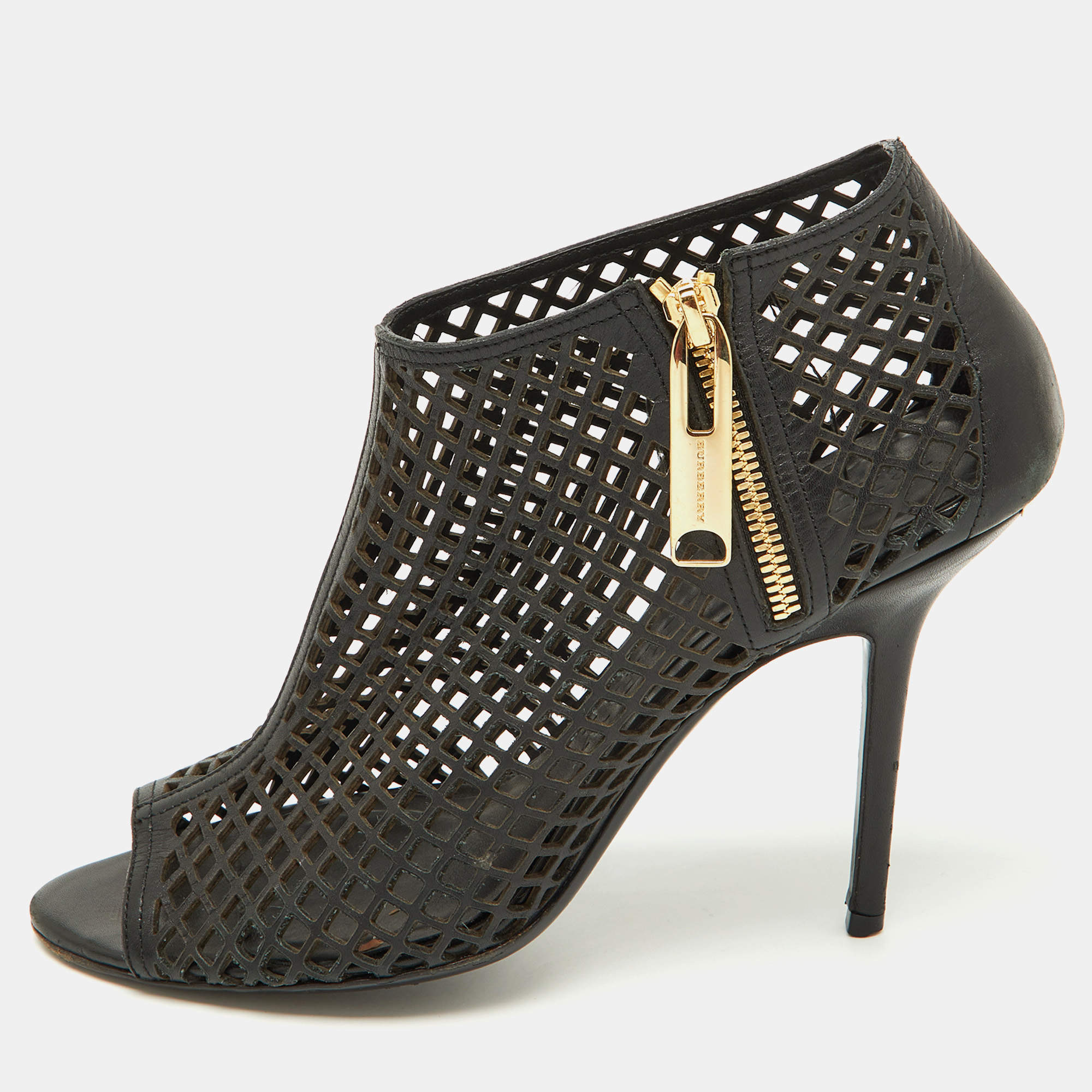 Burberry Black Leather Cut Out Open Toe Ankle Length Boots Size 39.5