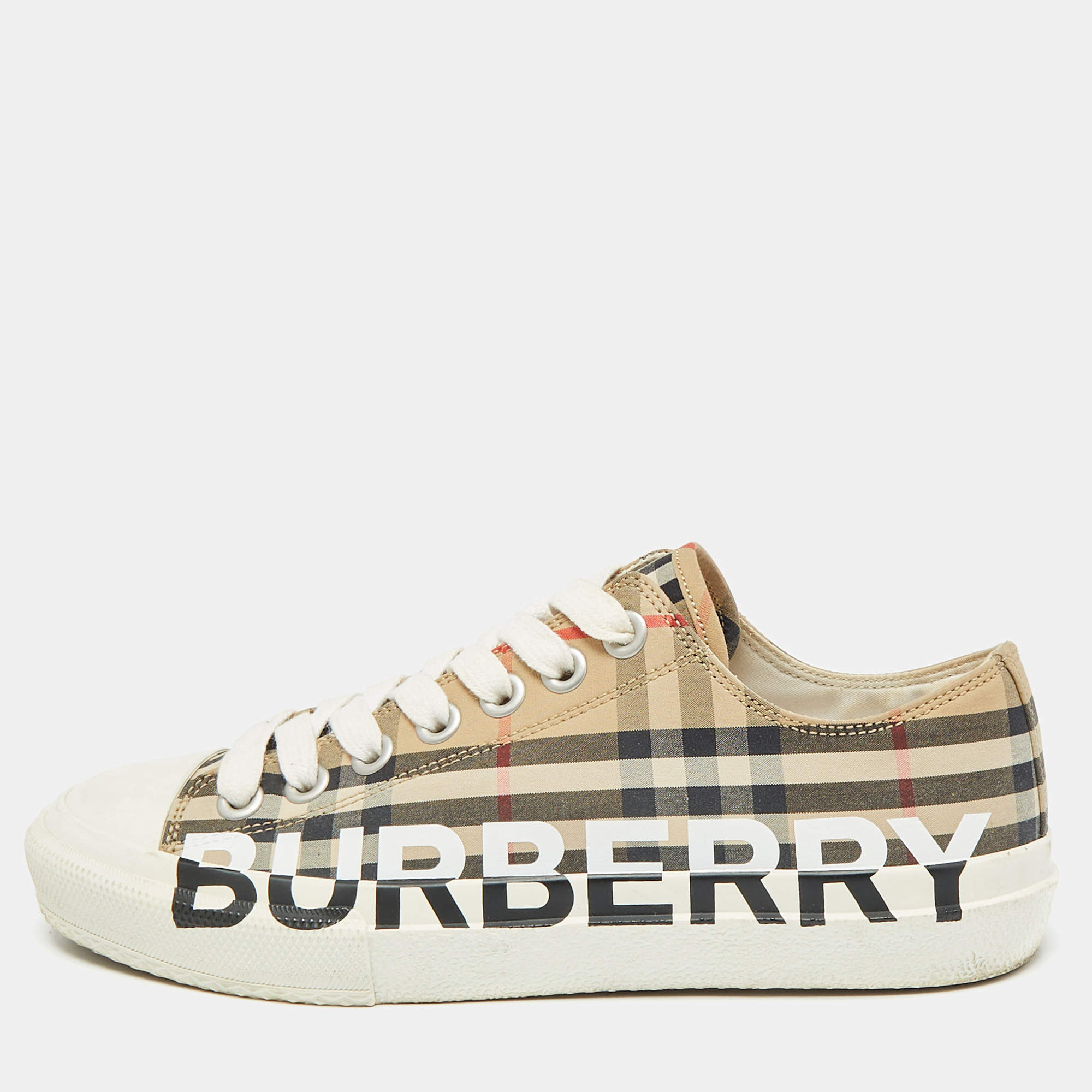 Pre Owned Burberry Beige/White Vintage Check Canvas and Rubber Larkhall Sneakers Size 38