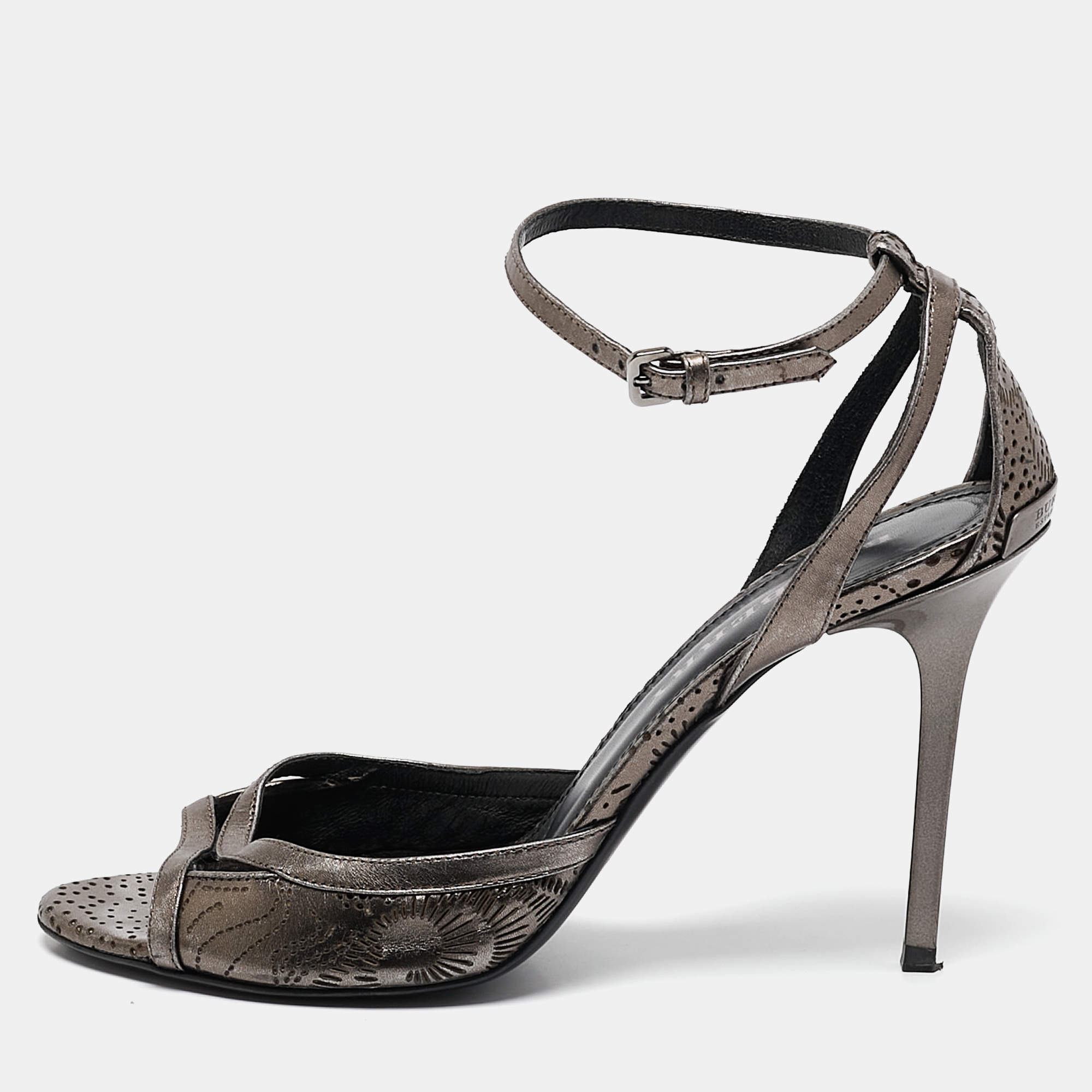 Burberry Metallic Grey Leather Laser Ankle Strap Sandals Size 39