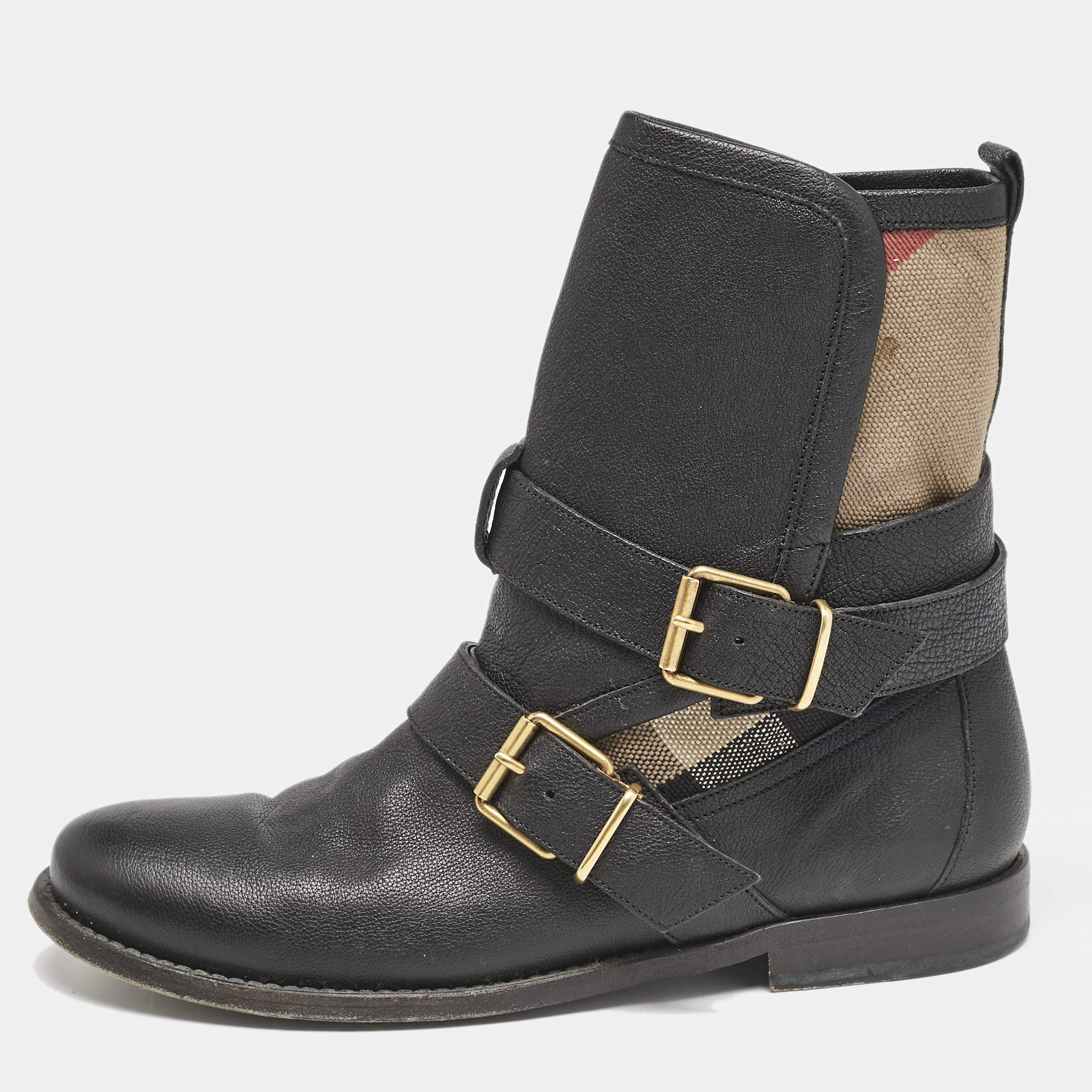 Burberry Black/Beige Check Canvas and Leather Ankle Length Boots Size 39