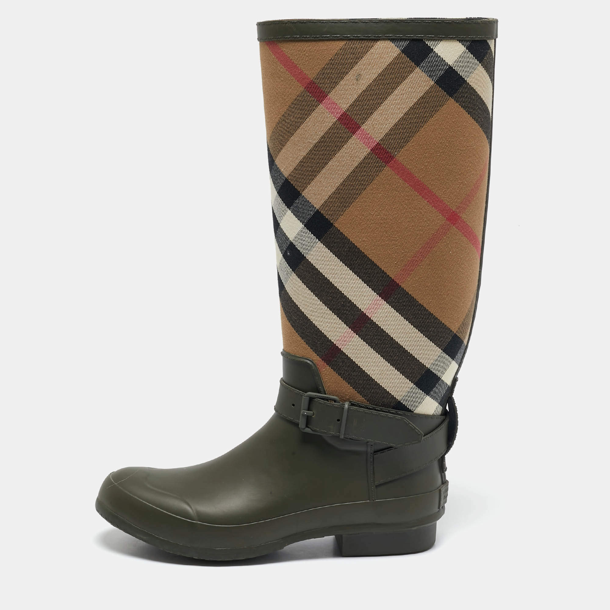 Burberry Green/Beige Rubber and Vintage Check Canvas Simeon Rain Boots Size 41
