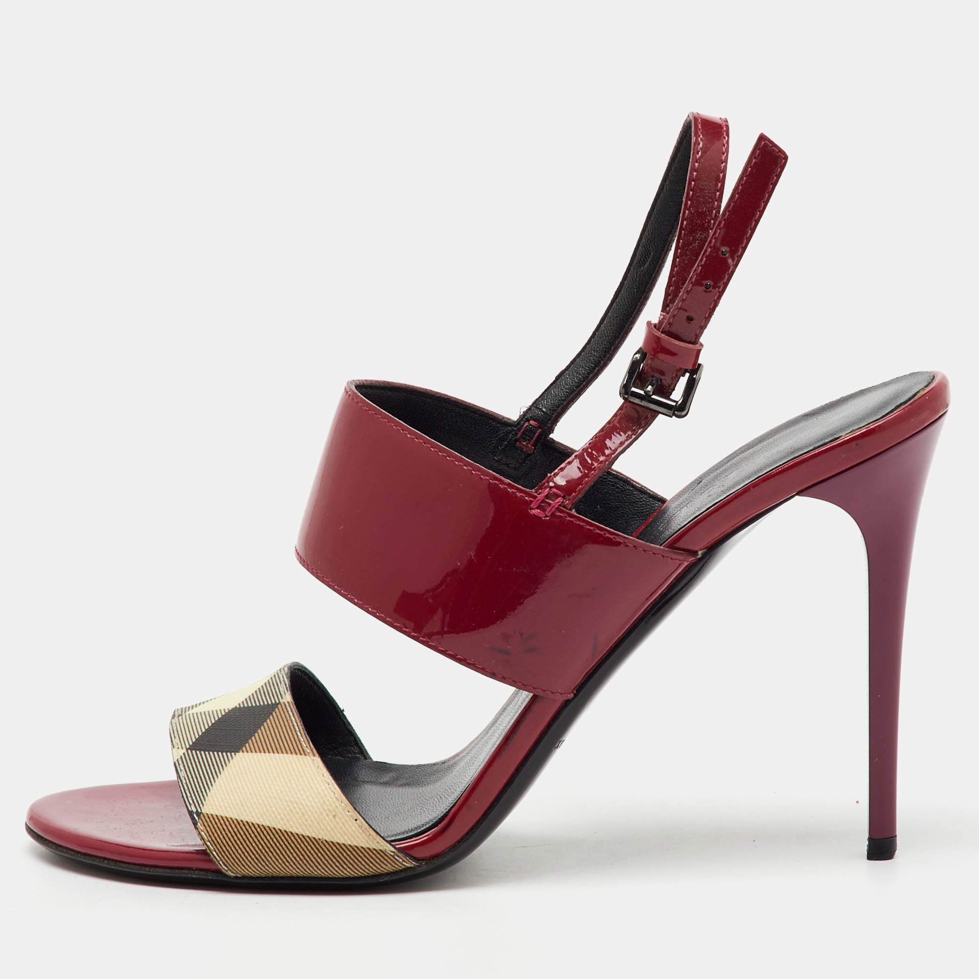 Pre Owned Burberry Burgundy/Beige Patent Leather and Check PVC Slingback Sandals Size 38