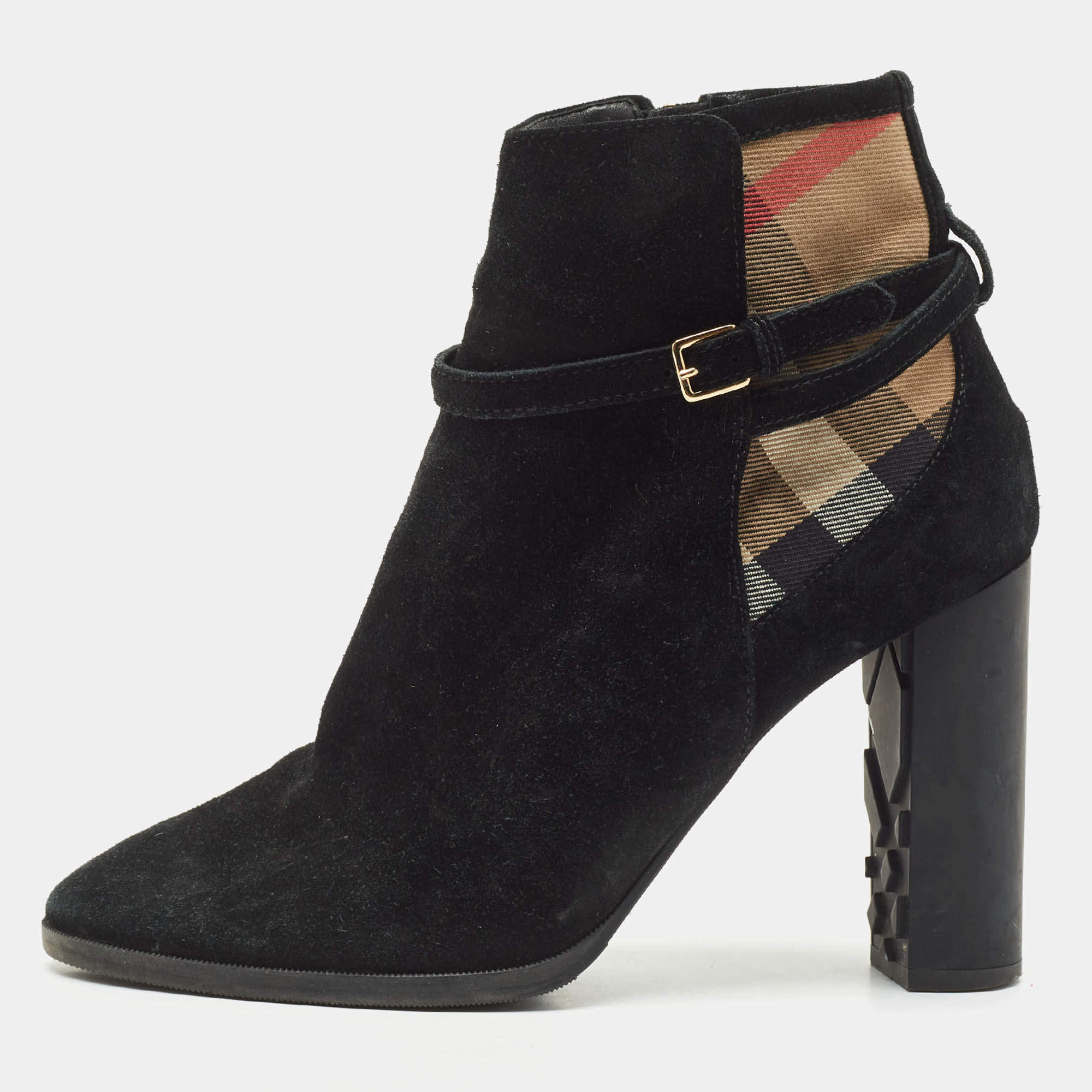 Burberry Black/Beige House Check Canvas and Leather Ankle Length Boots Size 38.5
