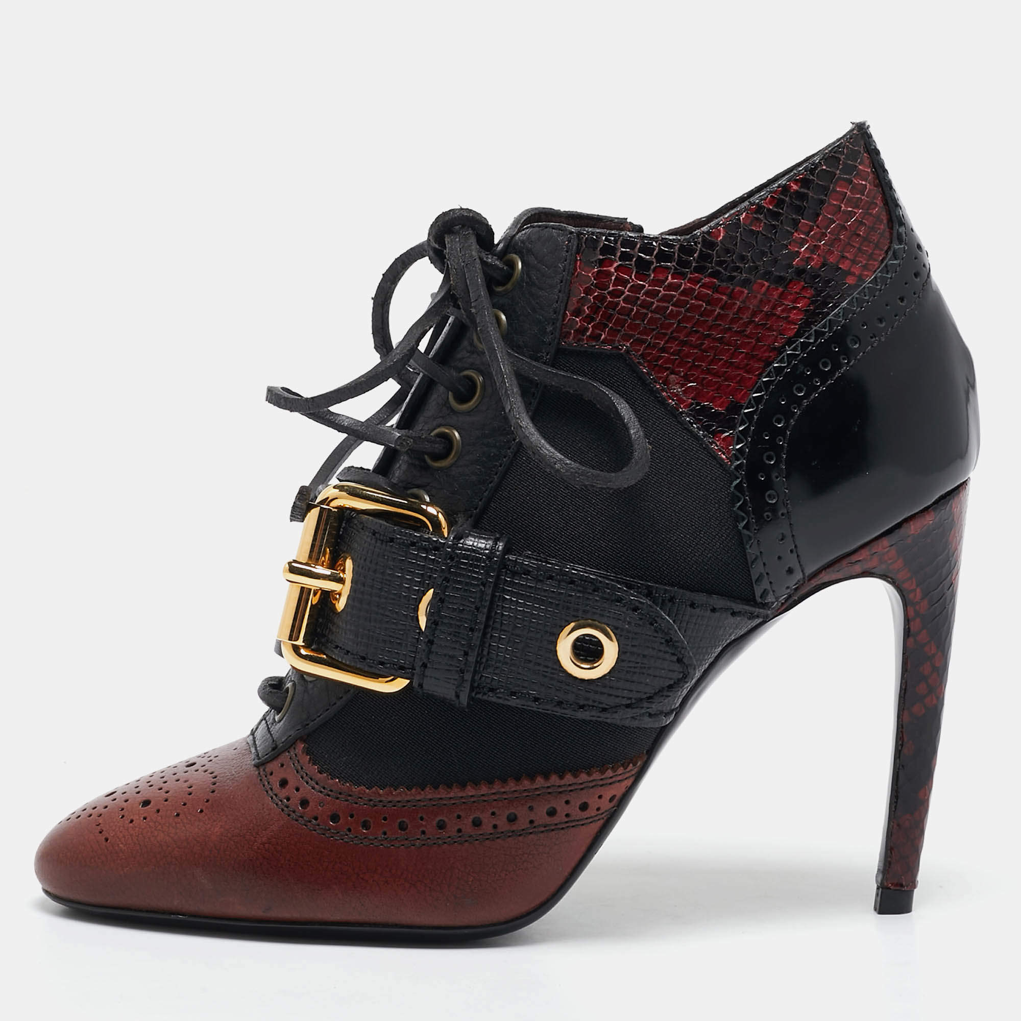 Burberry Black/Burgundy  Leather and Python Westmarsh Ankle Length Boots Size 36