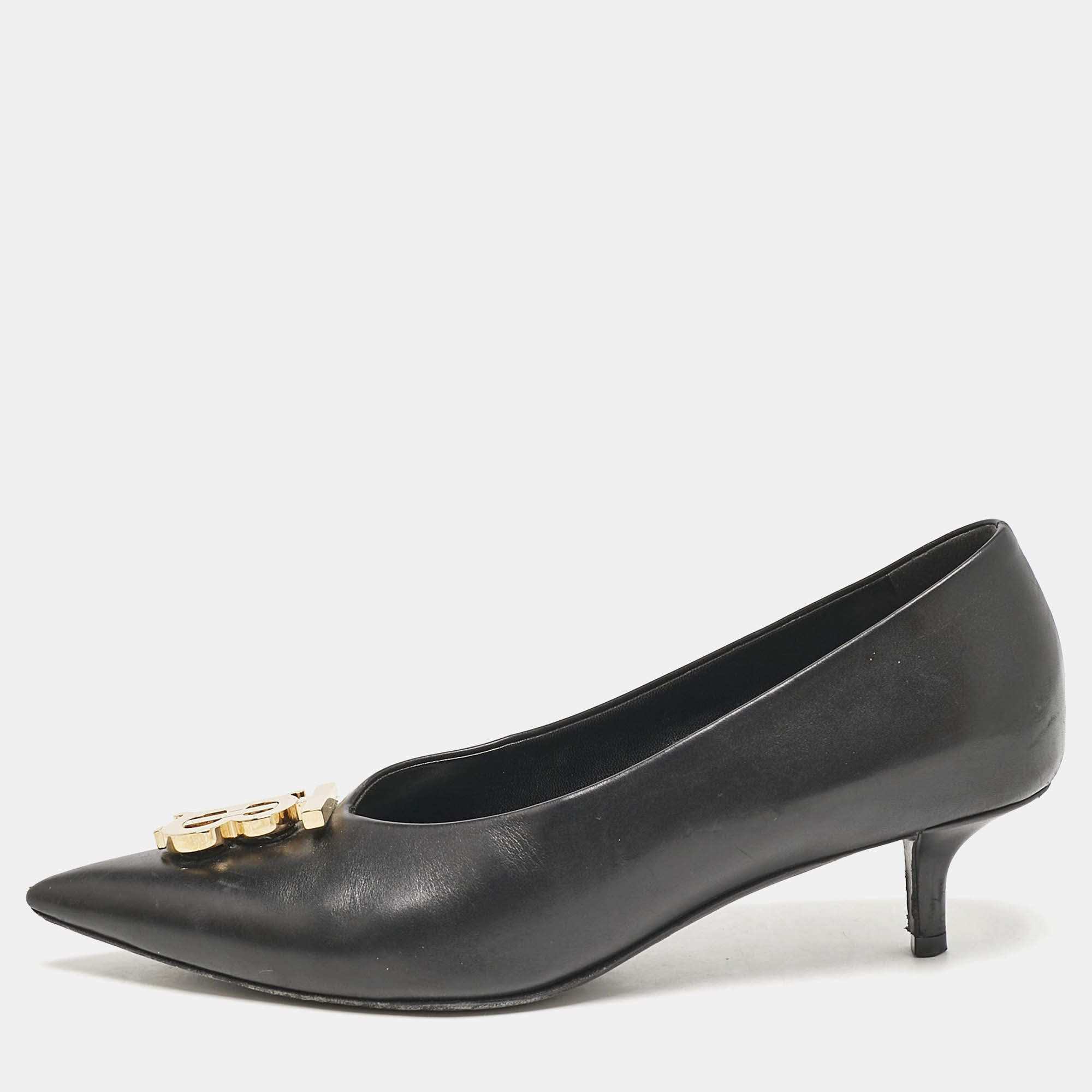 Pre Owned Burberry Black Leather Madelina TB Logo Pointed Toe Pumps Size 37