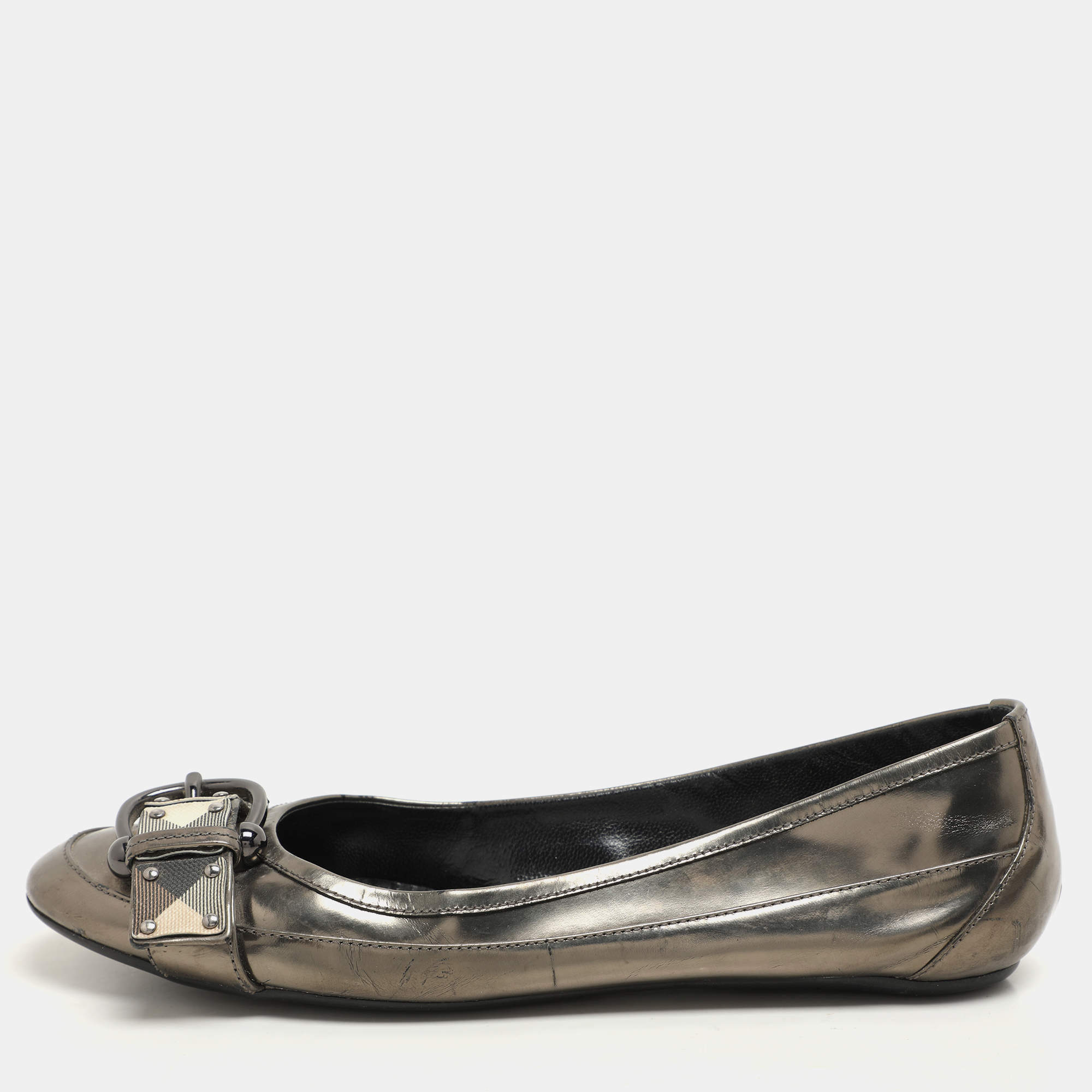 Burberry Metallic Leather and Nova Check Canvas Buckle Detail Ballet Flats Size 39