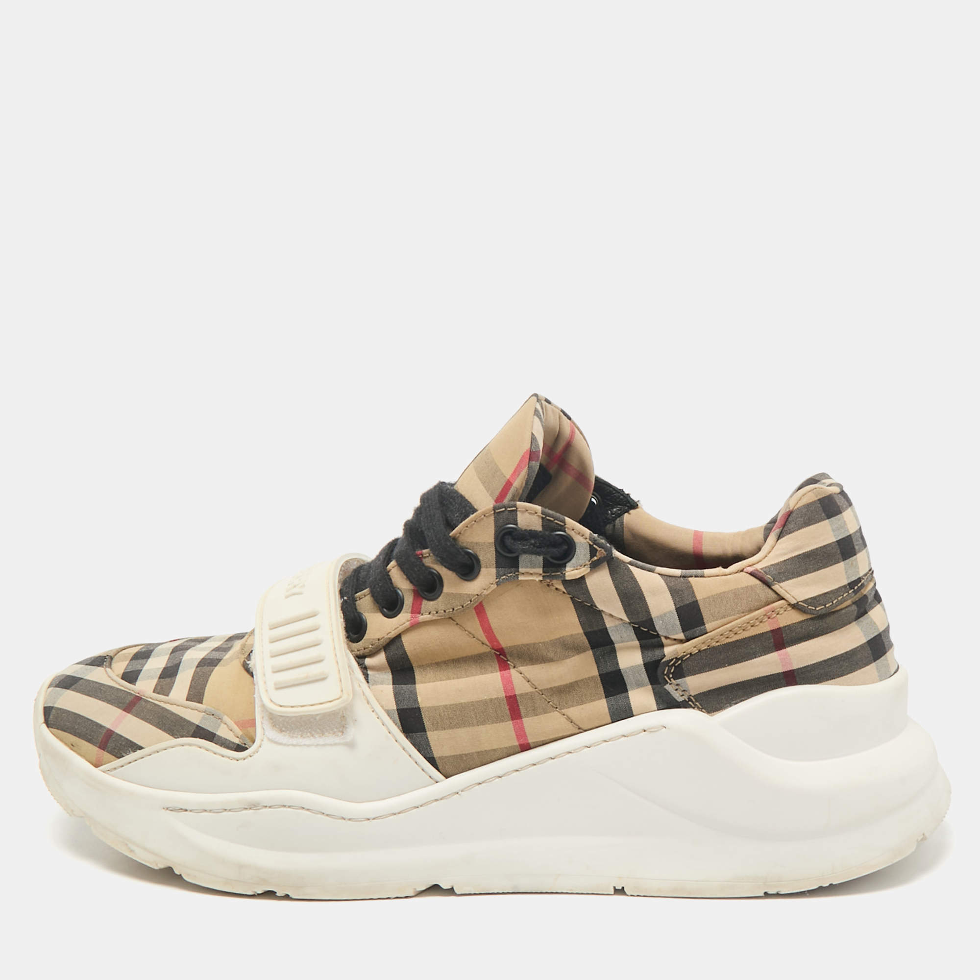 Burberry White/Beige Check Canvas and Rubber Regis Chunky Sneakers Size 41