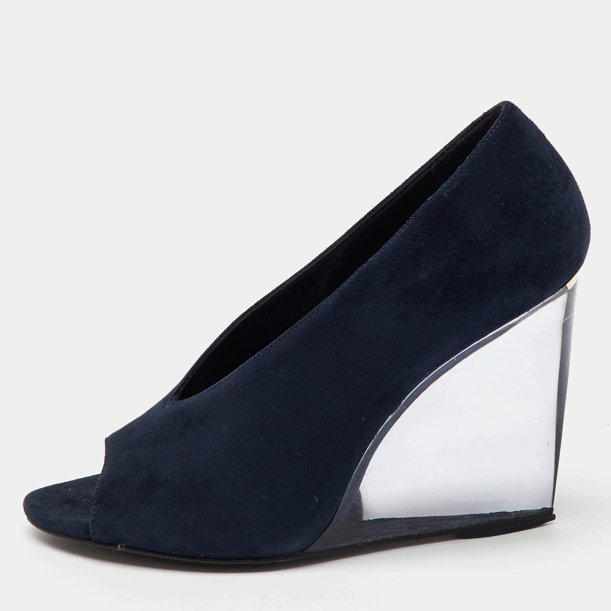 Burberry Blue Suede Reyard Wedge Pumps Size 36.5