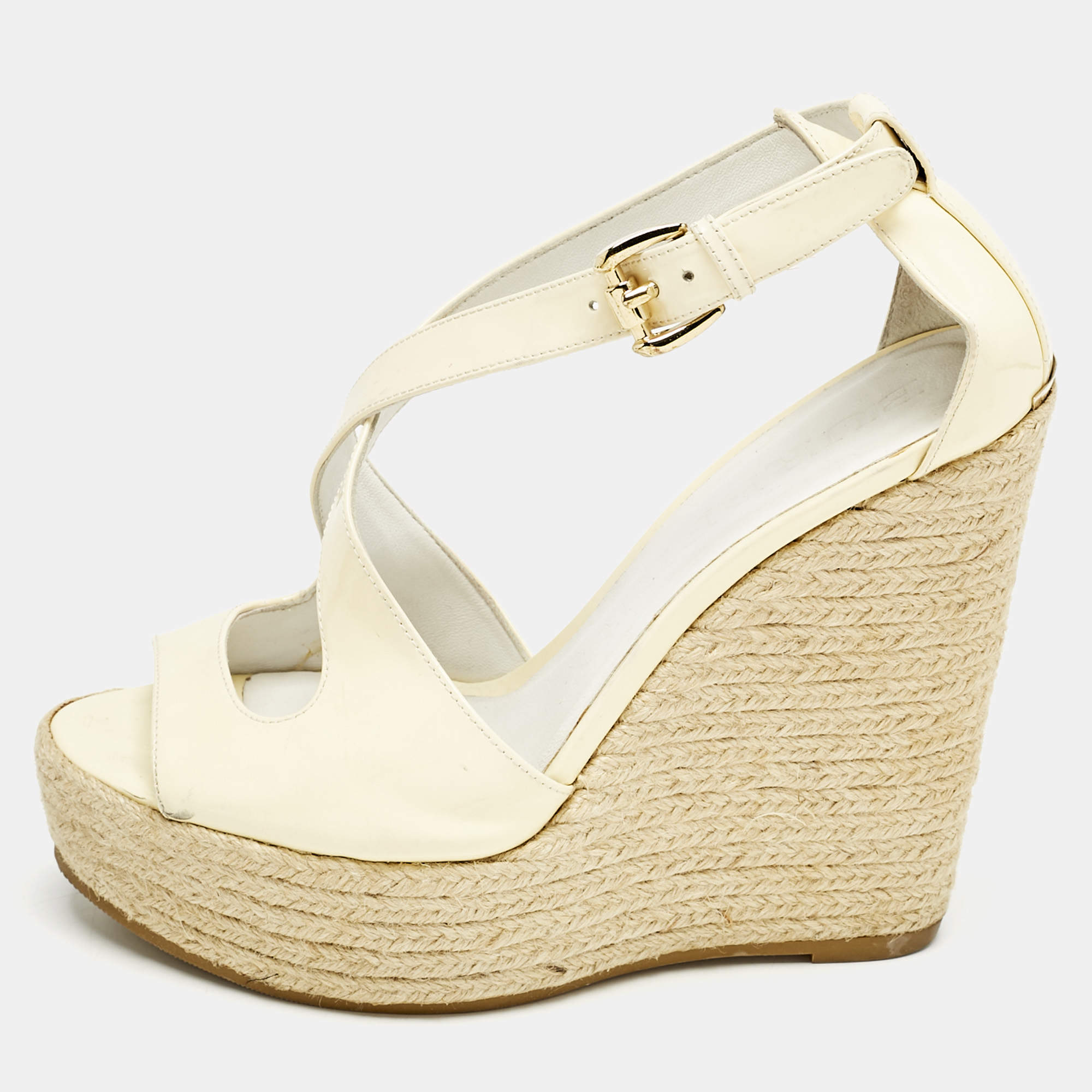 Burberry Cream Patent Peep Toe Wedge Espadrilles Sandals Size 37