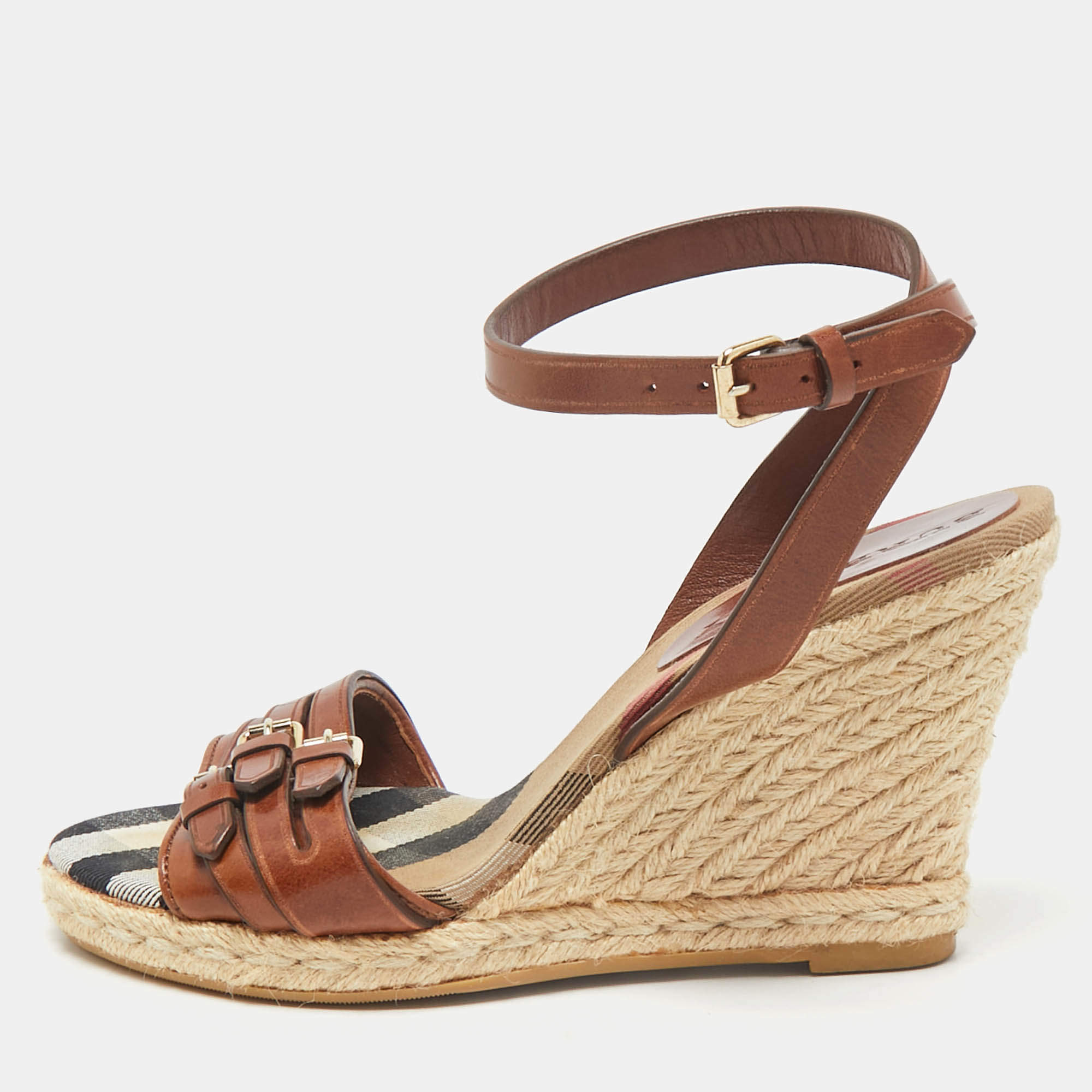 Burberry Brown Leather Nova Check Wedge Sandals Size 38