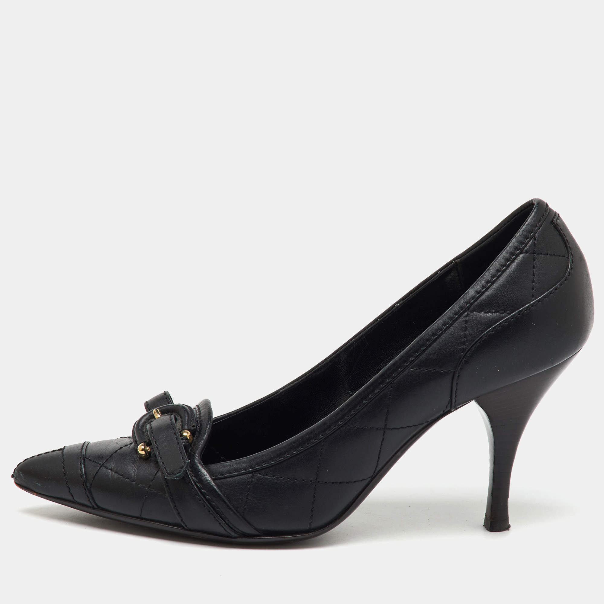 Burberry Black Quilted Leather Buckle Detail Pointed Toe Pumps Size 36