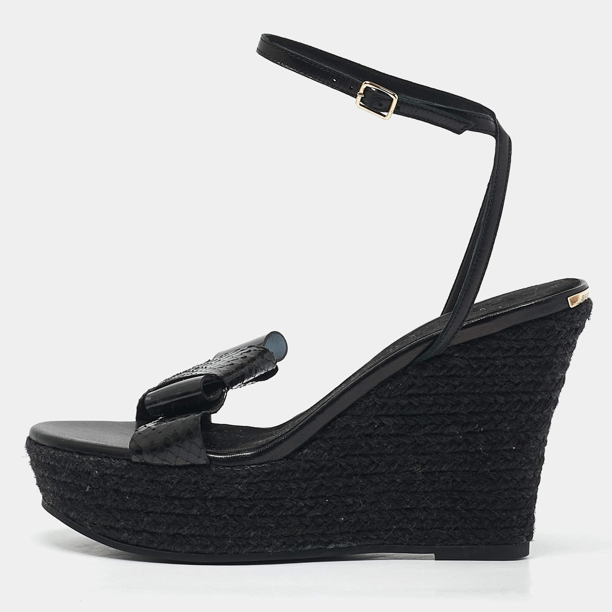 Burberry Black Snakeskin Leather Wedge Sandals Size 38