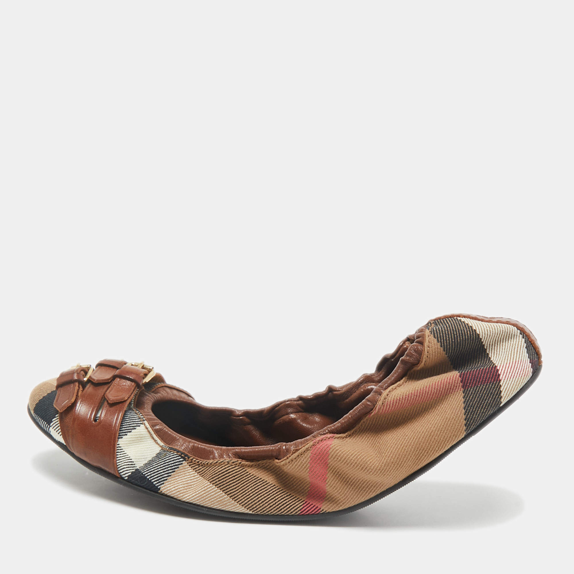 Burberry Brown House Check Canvas And Leather Shipley Ballet Flats Size 40