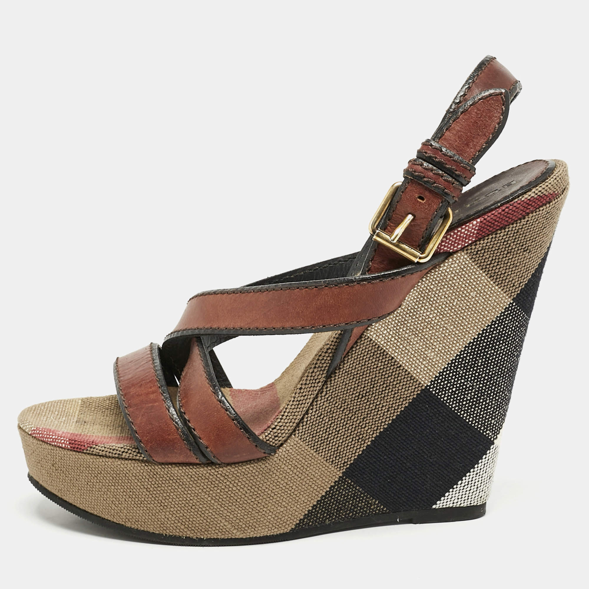 Burberry Brown Leather and Nova Check Canvas Wedge Sandals Size 40